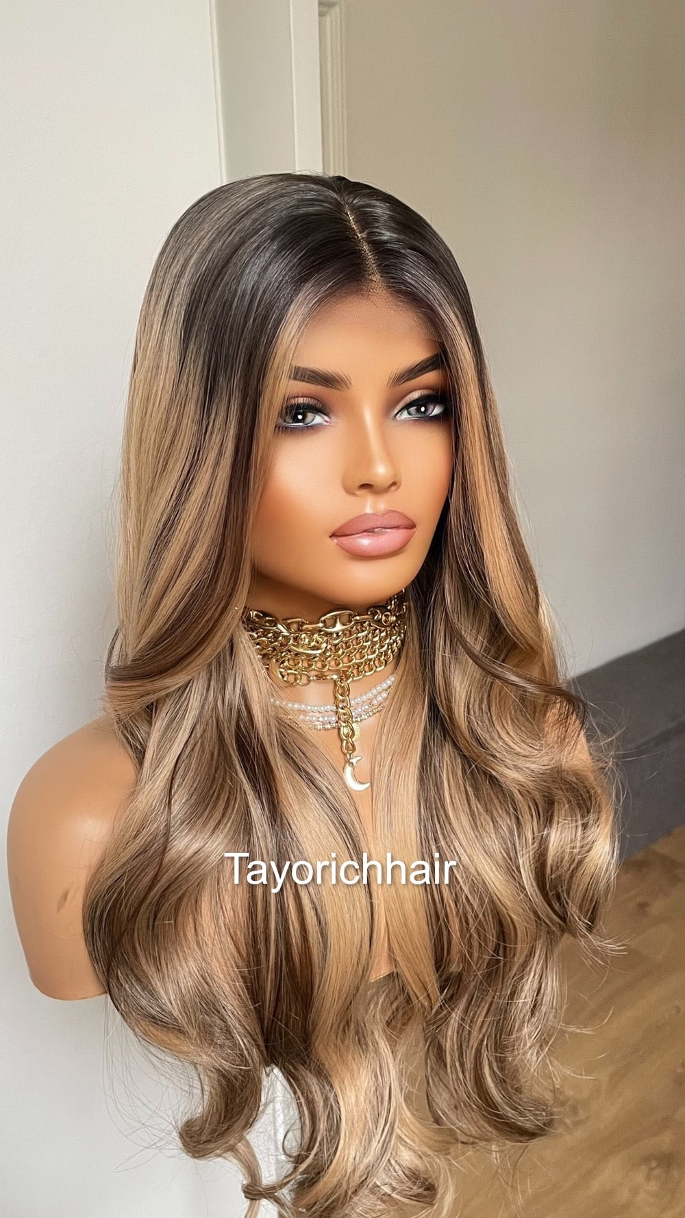 Blonde And Brown Mix Lace Frontal Wig With Dark Roots/ 24 Inches Wavy Hair Wig/ Heat Friendly Synthetic Wigs For Women Hairloss Alopecia
