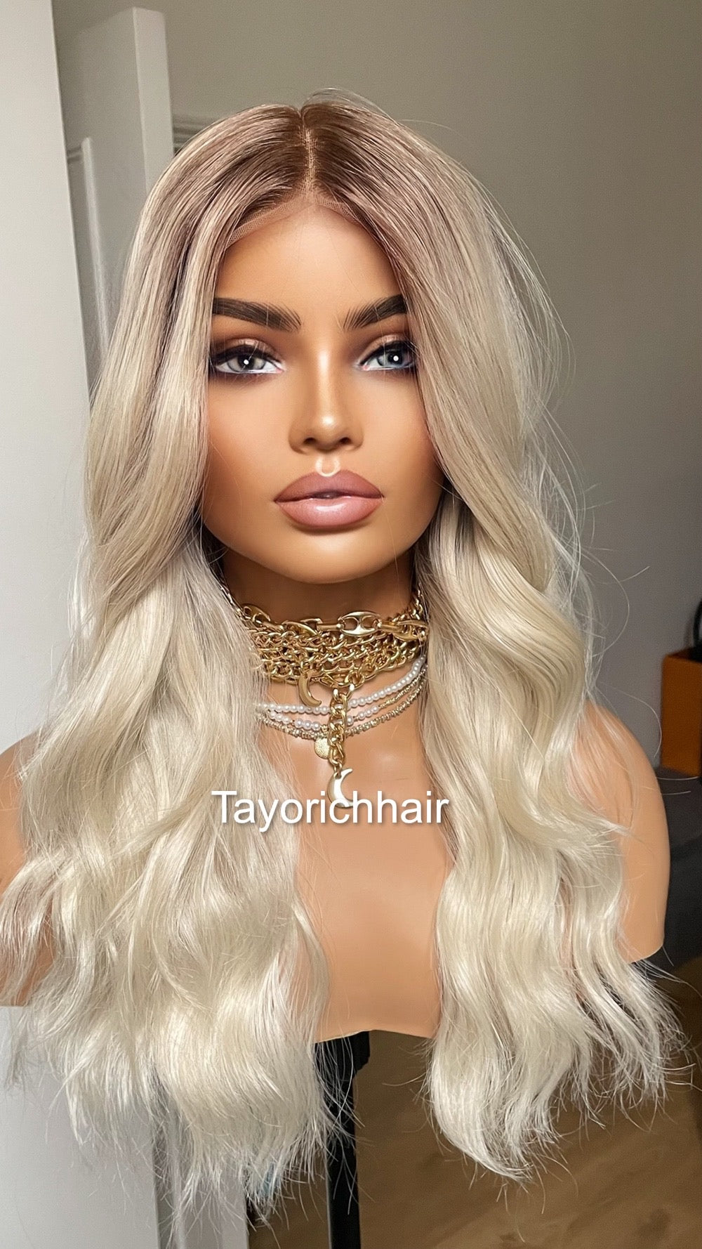 Platinum Blonde Lace Frontal Wig: 16" Loose Waves with Dark Roots