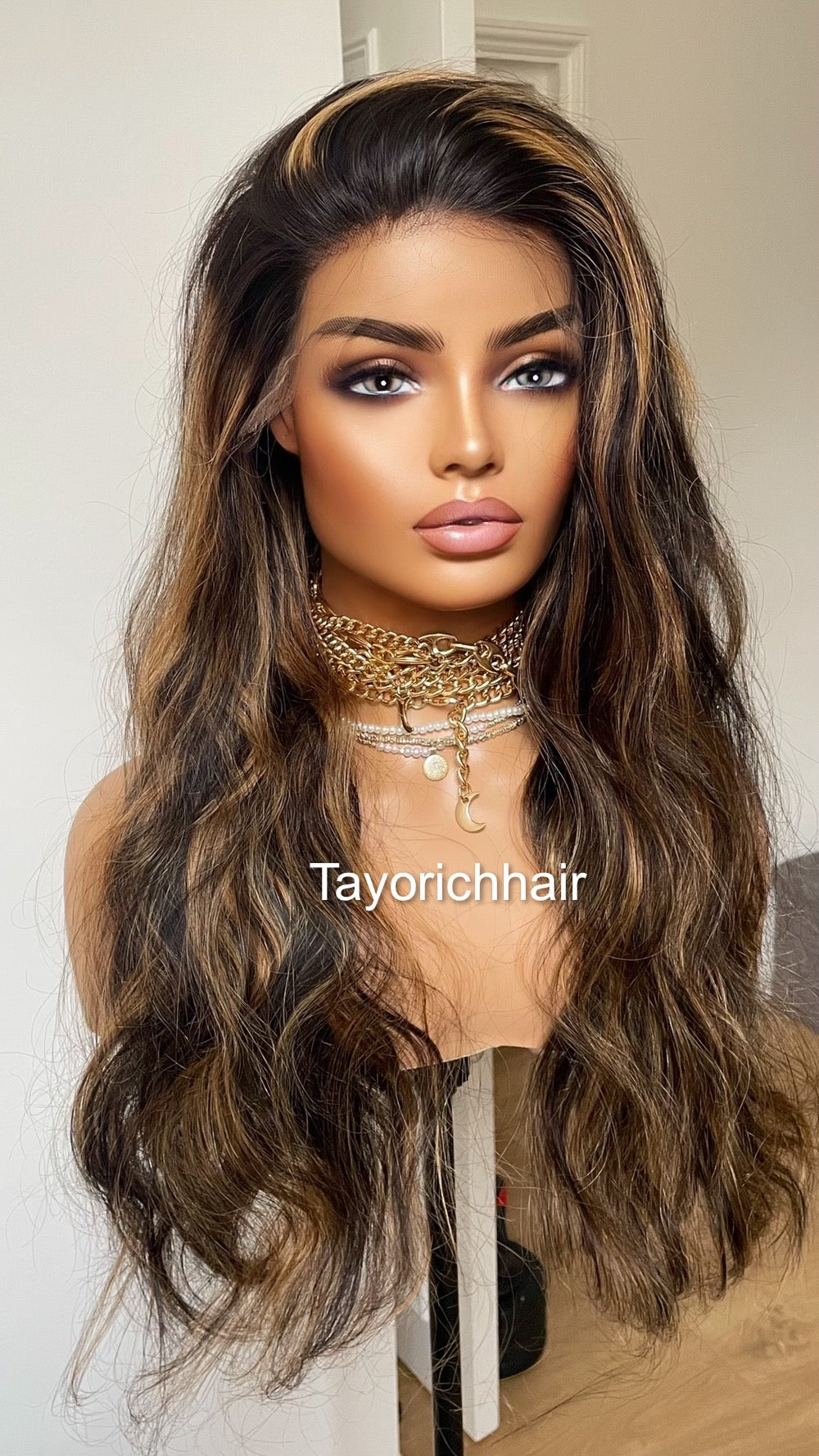 Black Wavy Human Hair Lace Frontal Wig With Blonde Highlights/ HD Lace Wig/ Real Human Hair Wig In 24 Inches/ Tayorichhair Human Hair Wig