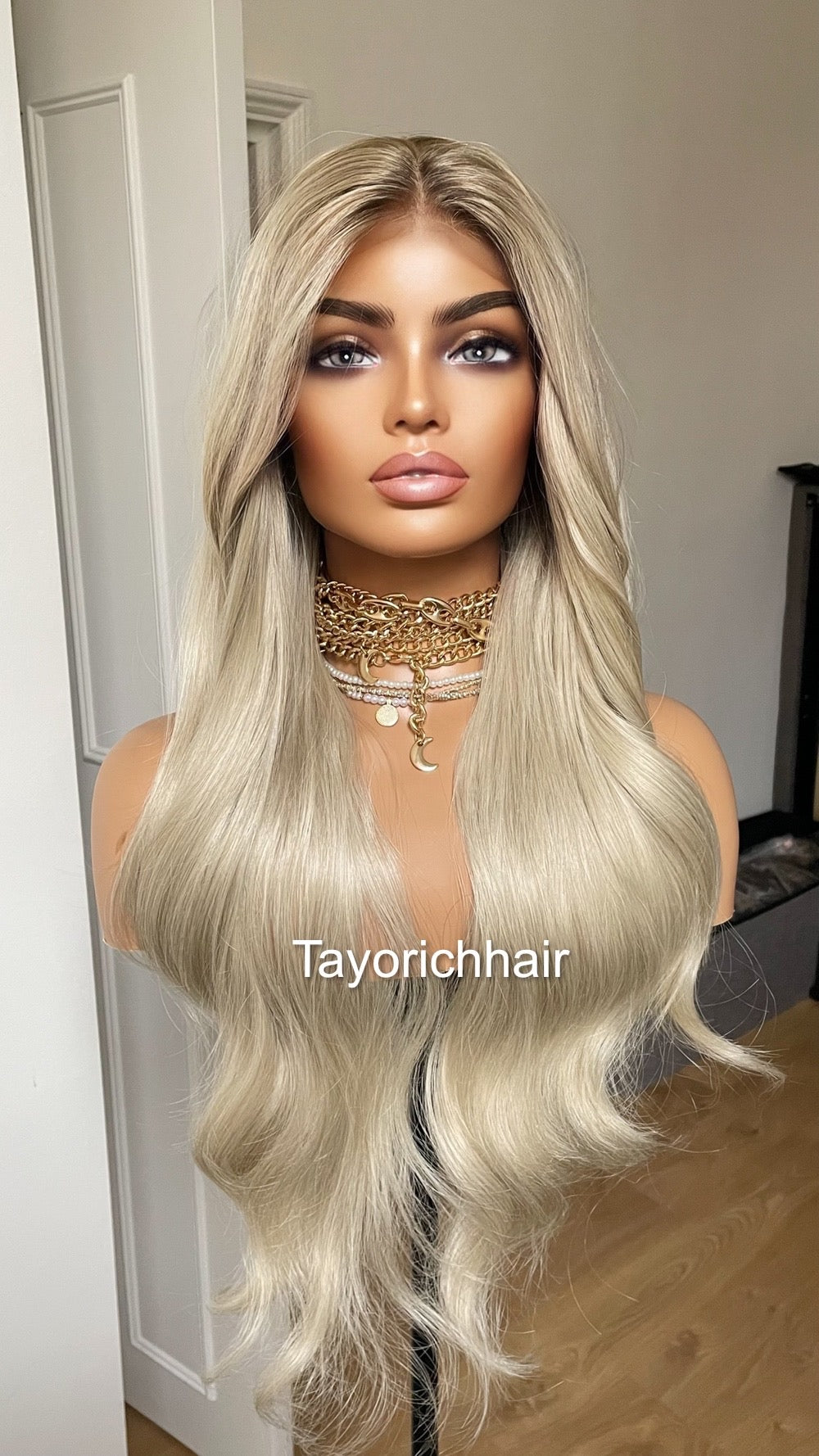 Platinum Blonde Lace Frontal Wig With Dark Ash Roots/Rooted Blonde Heat Friendly Synthetic Wig/ Blonde Bouncy Wavy Wig By Tayorichhair