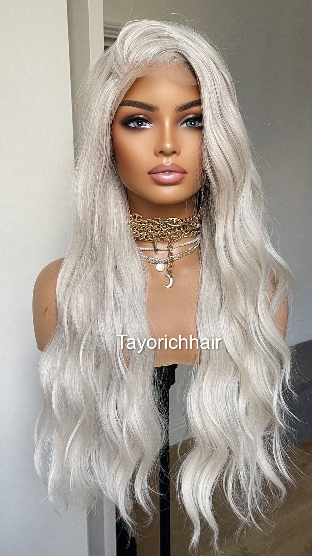 Platinum Blonde Lace Frontal Wig With 13 By 6 Lace/Ash White Heat Safe Synthetic Wigs For Women/Long Wavy Hair Blonde Wig By Tayorichhair