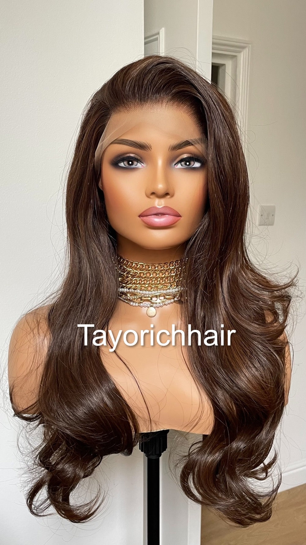 Dark Brown Bouncy Wavy Lace Frontal Wig With Light Brown Highlights-Free Part Heat Friendly Wigs For Women-Tayorichhair Wigs