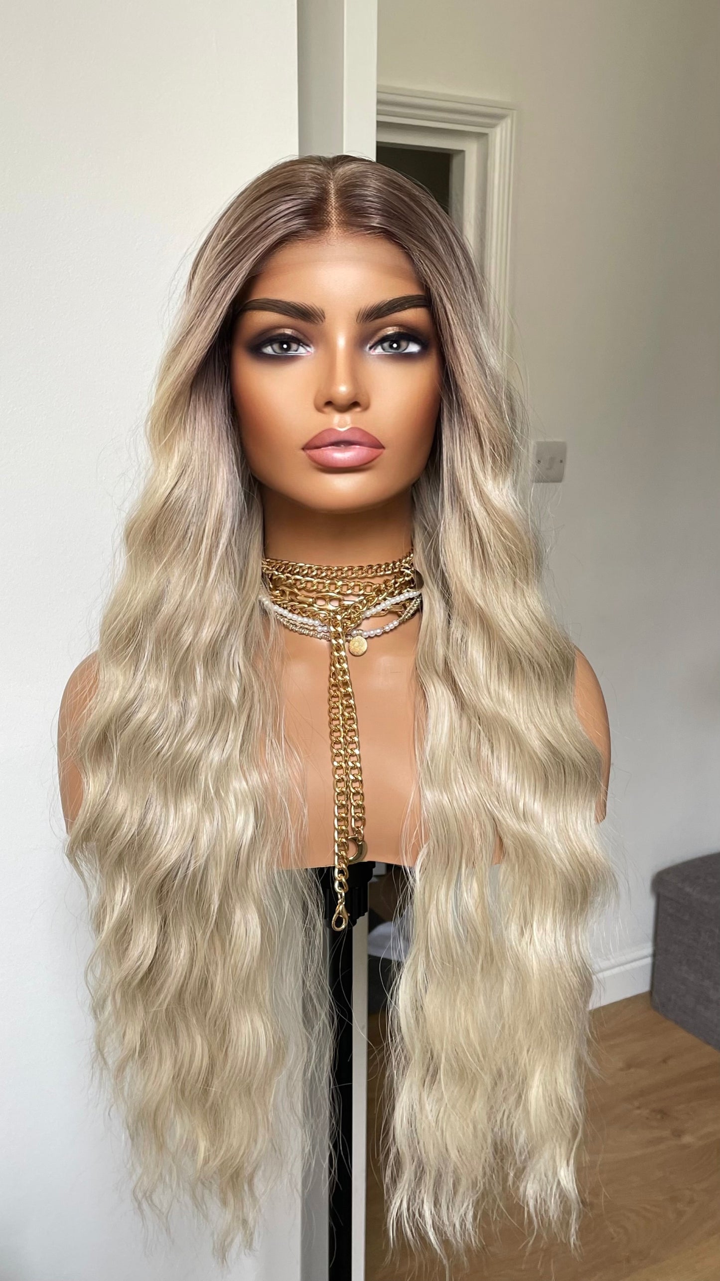 Sun Kissed Platinum Blonde Lace Wig With Dark Roots/13 By 6 Wide Lace Heat Safe Synthetic Wig/Beach Waves Blonde Hair Wig By Tayorichhair