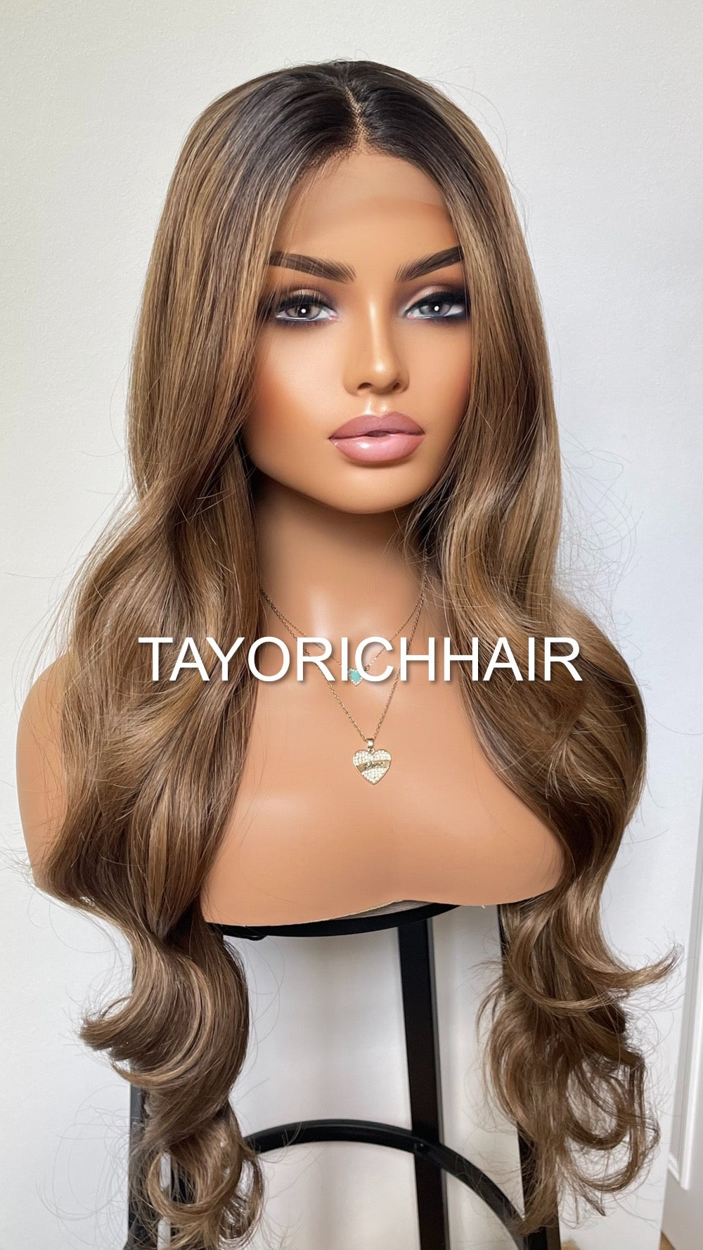 Balayage Mixed Bronzy Blonde Heat Safe Lace Front Synthetic Wig/ Dark Roots/ Long Bouncy Wavy Hair/ Average Cap Size/ Wigs For Women Hair