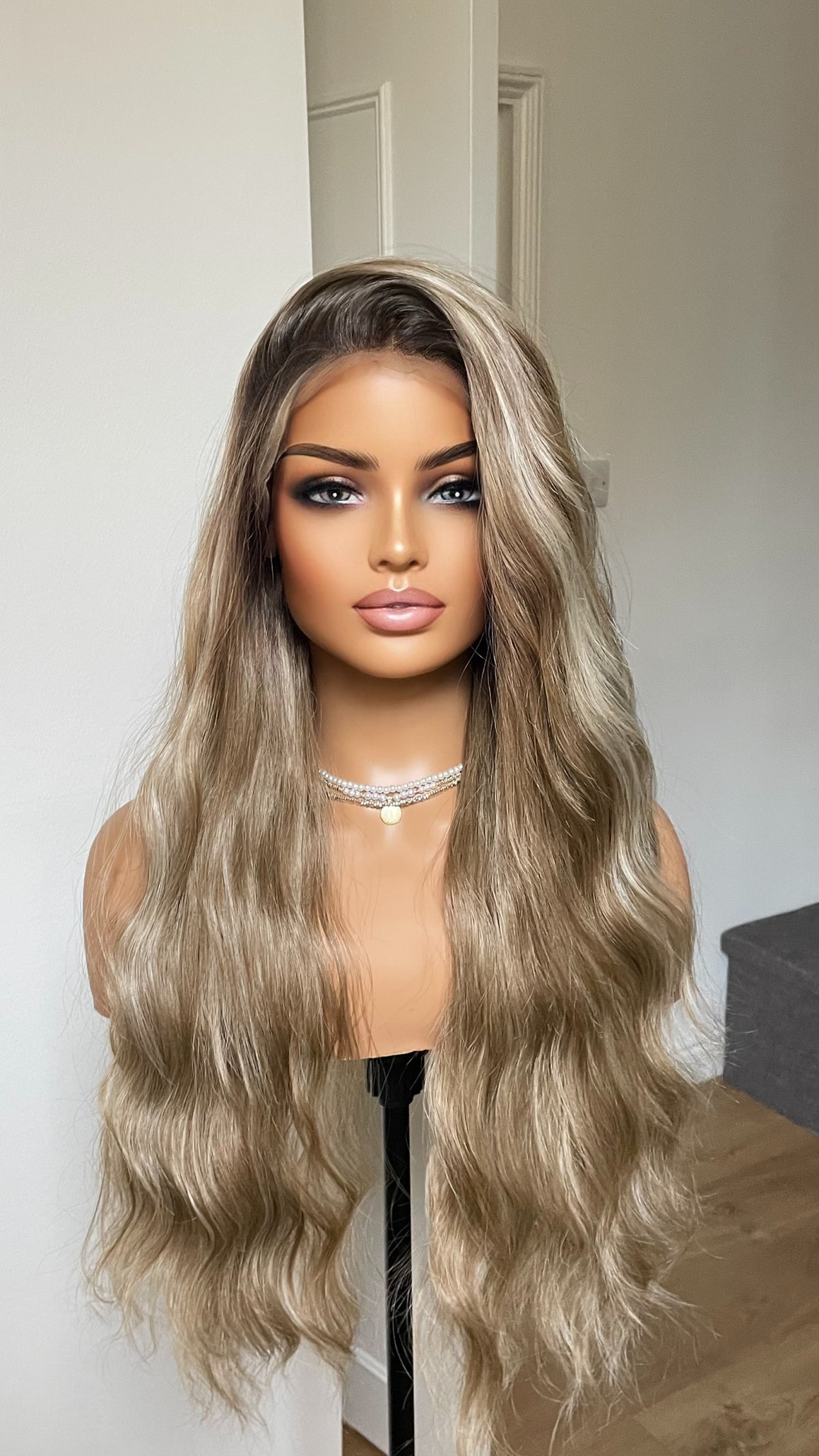 Dark Ash Hair With Blonde Highlights And Dark Roots/ Wavy Synthetic Lace Wig With 13x6 Lace Front Wig For Women