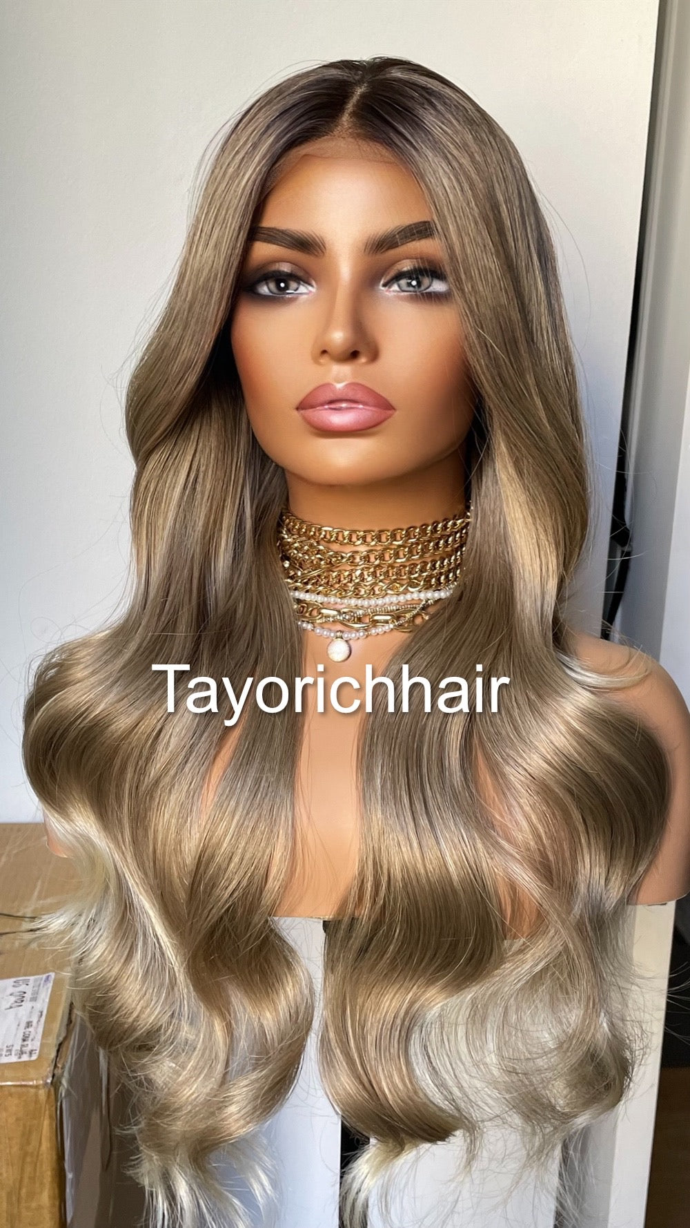 Dark Ash Blonde Synthetic Wig With Dark Roots/24 Inches Wavy Hair Lace Frontal Wig By Tayorichhair.