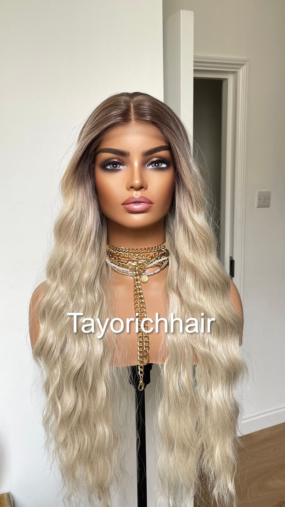Sun Kissed Platinum Blonde Lace Wig With Dark Roots/13 By 6 Wide Lace Heat Safe Synthetic Wig/Beach Waves Blonde Hair Wig By Tayorichhair