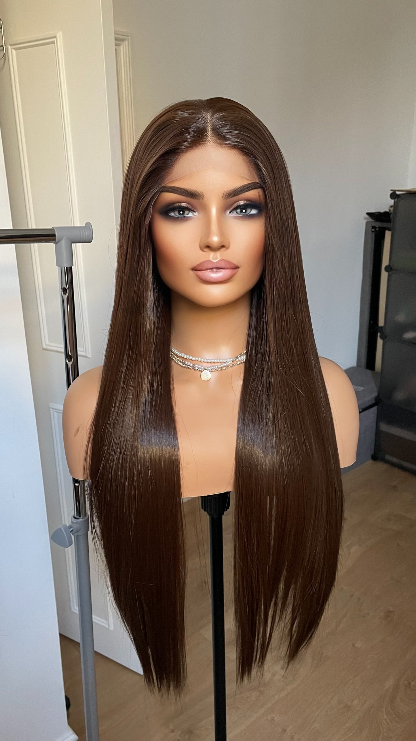 Dark Brunette Brown Lace Front Straight Wig For Women Natural Looking 13x3 Lace Front Wig With Realistic Hair Line Heat Friendly Synthetic