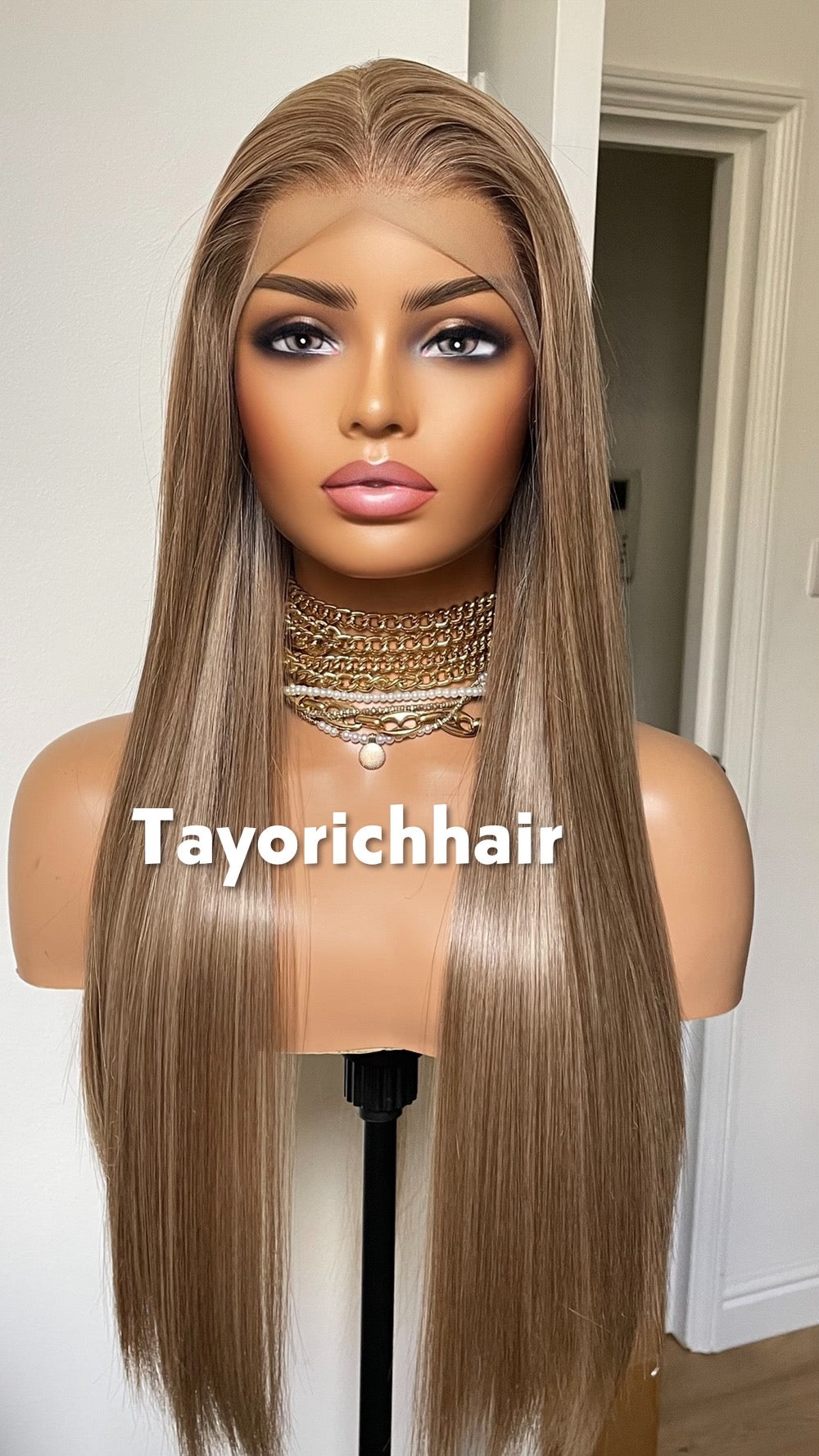 Long Elegant Mixed Dark And Natural Ash Blonde Hair Wig|Straight Blonde Heat Friendly Wig|Free Part Handtied Lace Front Wig|Natural Wigs