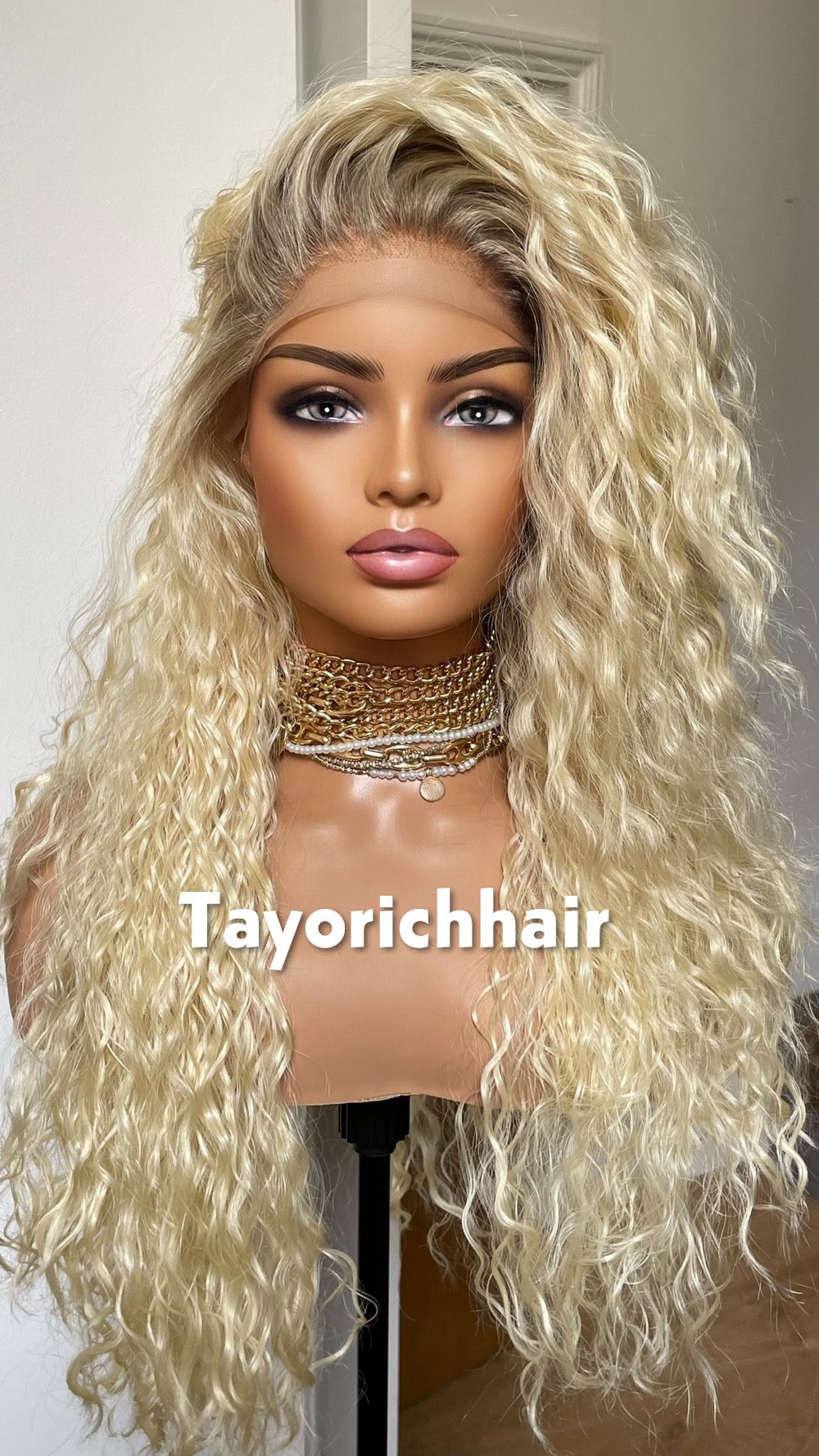 Bleach Blonde Exotic Curly Wig With Dark Roots- Shakira Curly Hair Lace Frontal Wig- Heat Friendly Curly Light Weight Wig By Tayorichhair