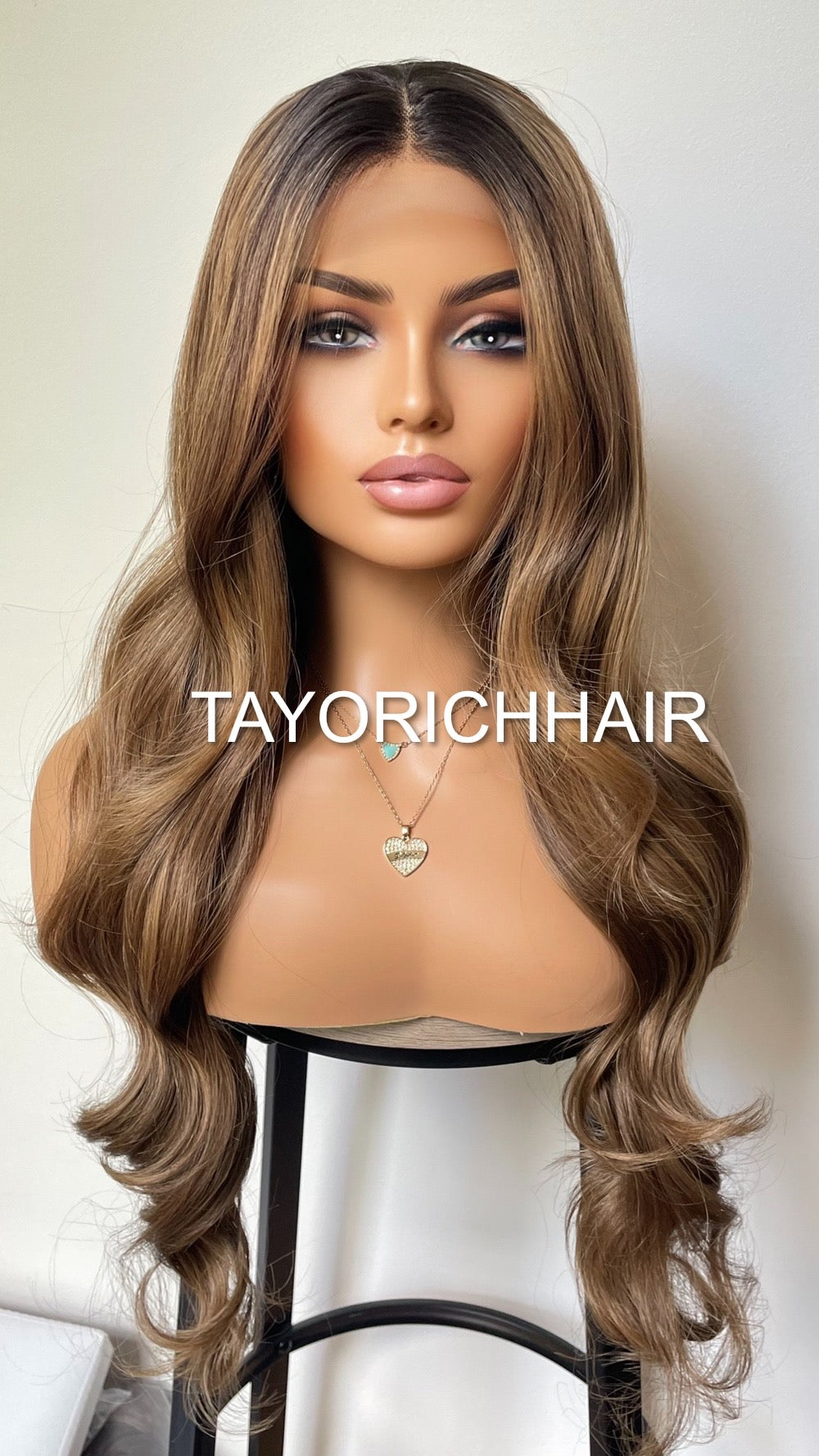 Balayage Mixed Bronzy Blonde Heat Safe Lace Front Synthetic Wig/ Dark Roots/ Long Bouncy Wavy Hair/ Average Cap Size/ Wigs For Women Hair