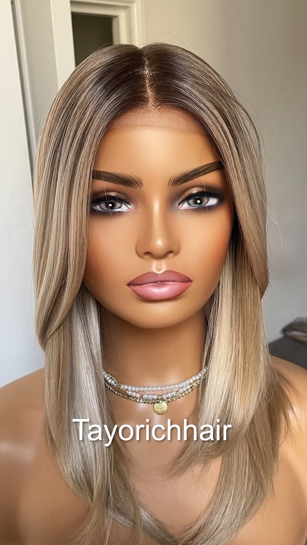 Mixed Blonde Short Hair Wig With Dark Roots/ 12 Inches Mixed Blonde Lace Frontal Wig With Middle Part/ 13 By 6 Wide Lace wig By Tayorichhair