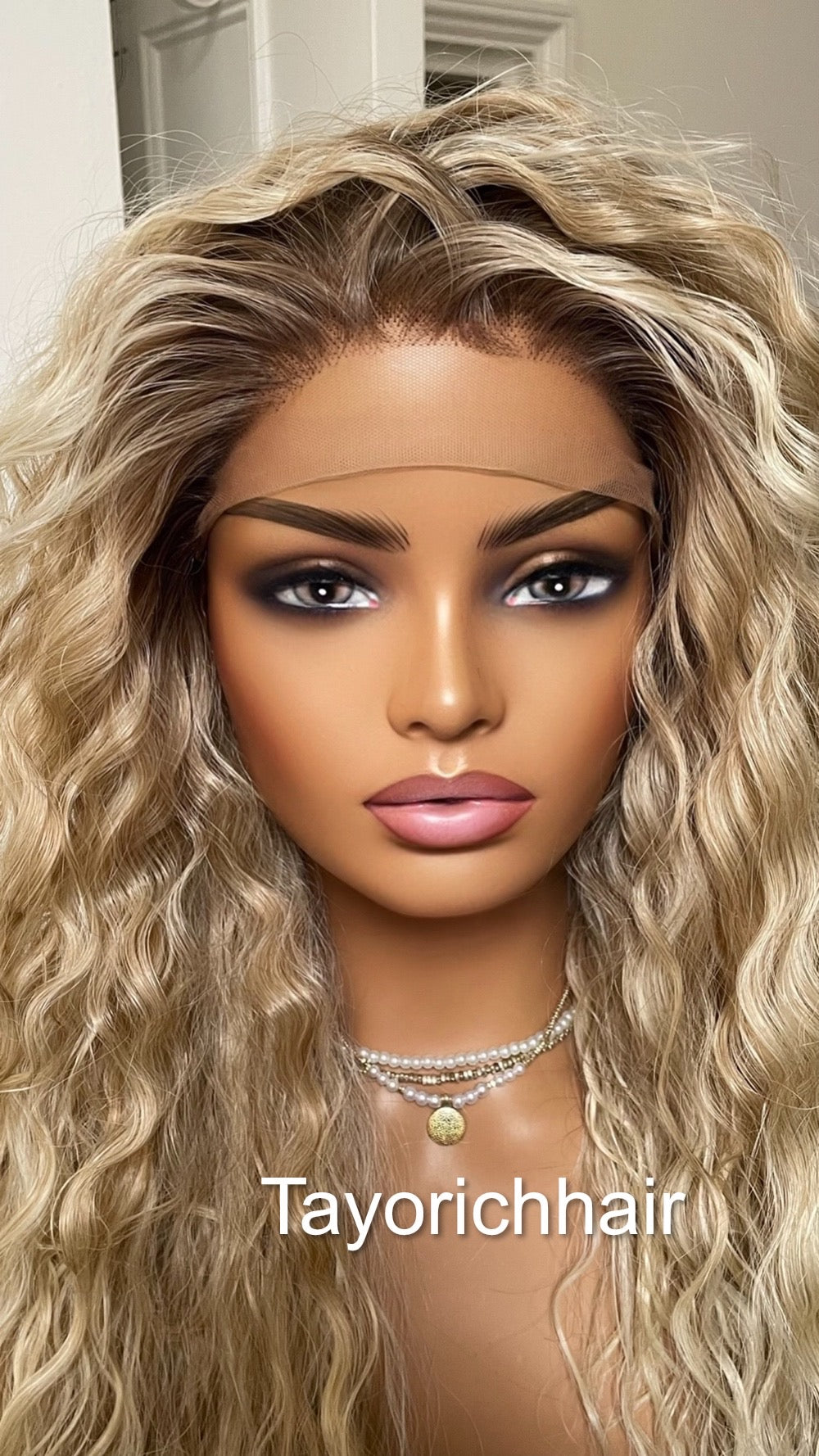 Mixed Blonde Curly Synthetic Lace Frontal Wig With Dark Roots/Lightweight Wig/Small Cap Size Long Curly Hair Wigs For Women By Tayorichhair