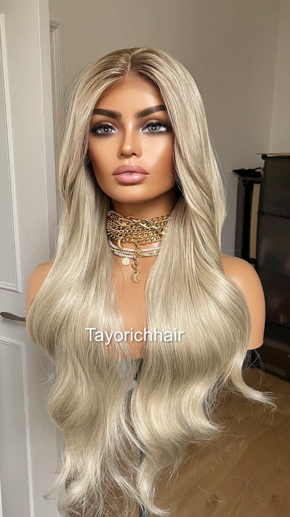 Platinum Blonde Lace Frontal Wig With Dark Ash Roots/Rooted Blonde Heat Friendly Synthetic Wig/ Blonde Bouncy Wavy Wig By Tayorichhair