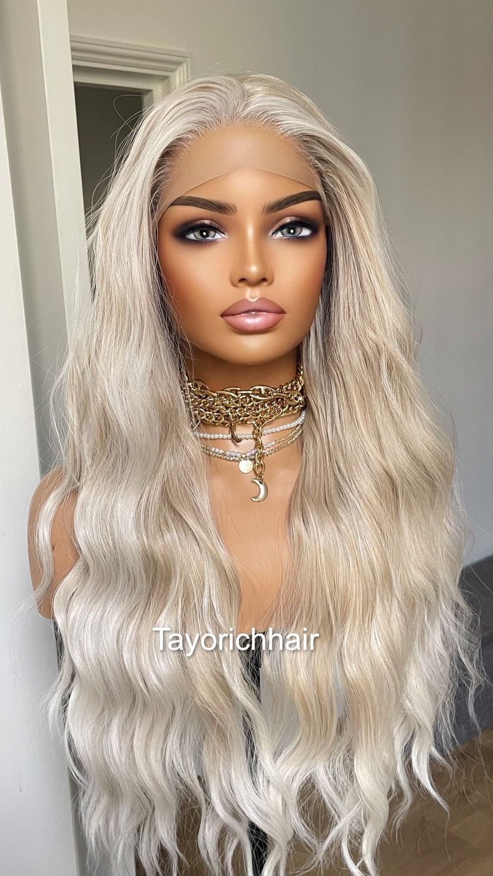 Pearl Blonde Lace Front Wig/Mixed Blonde Heat Safe Synthetic Wig/Ocean Wave Money Piece Lace Wig For Women