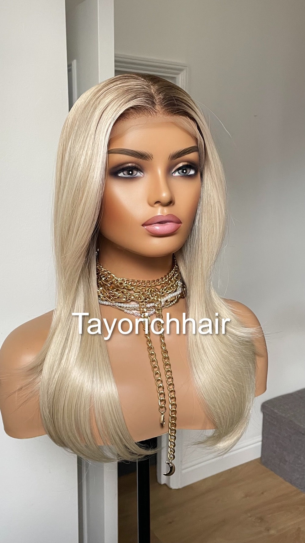 Sunkissed Light Blonde Lace Frontal Wig With Dark Roots/18 Inches Rooted Blonde Wig By Tayorichhair/Straight Blonde Wig With 13 By 4 Lace