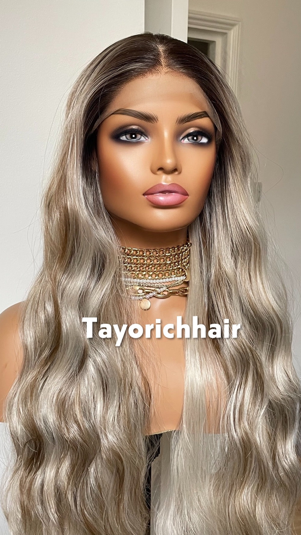 Ombre Platinum Blonde Wig: Long Wavy Synthetic Lace Front Wig