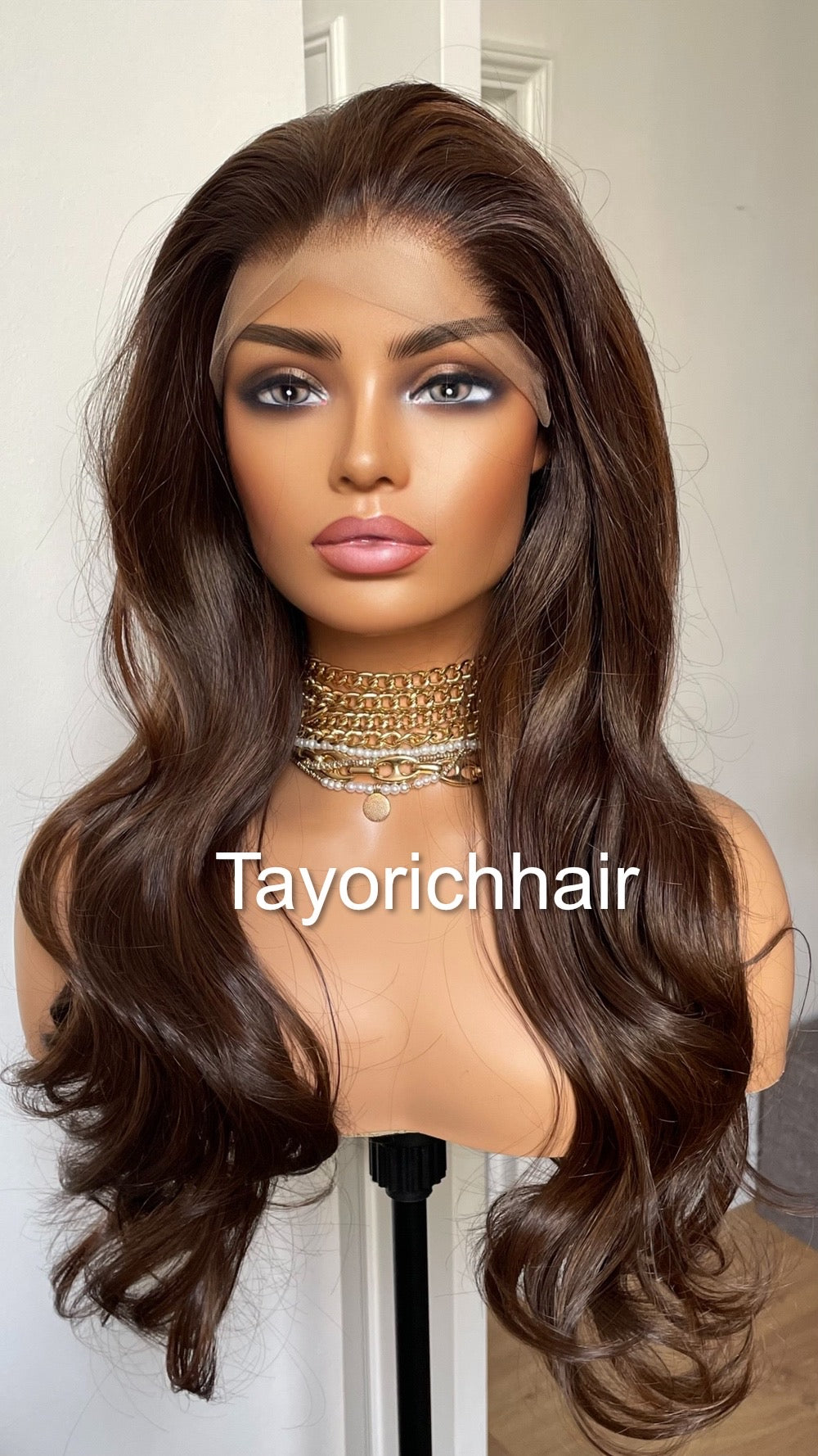 Dark Brown Bouncy Wavy Lace Frontal Wig With Light Brown Highlights-Free Part Heat Friendly Wigs For Women-Tayorichhair Wigs