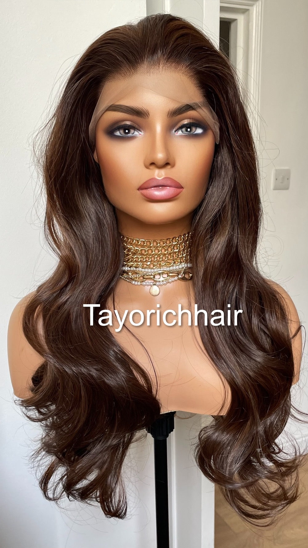 Dark Brown Bouncy Wavy Lace Frontal Wig With Light Brown Highlights-Free Part Heat Friendly Wigs For Women-Tayorichhair Wigs