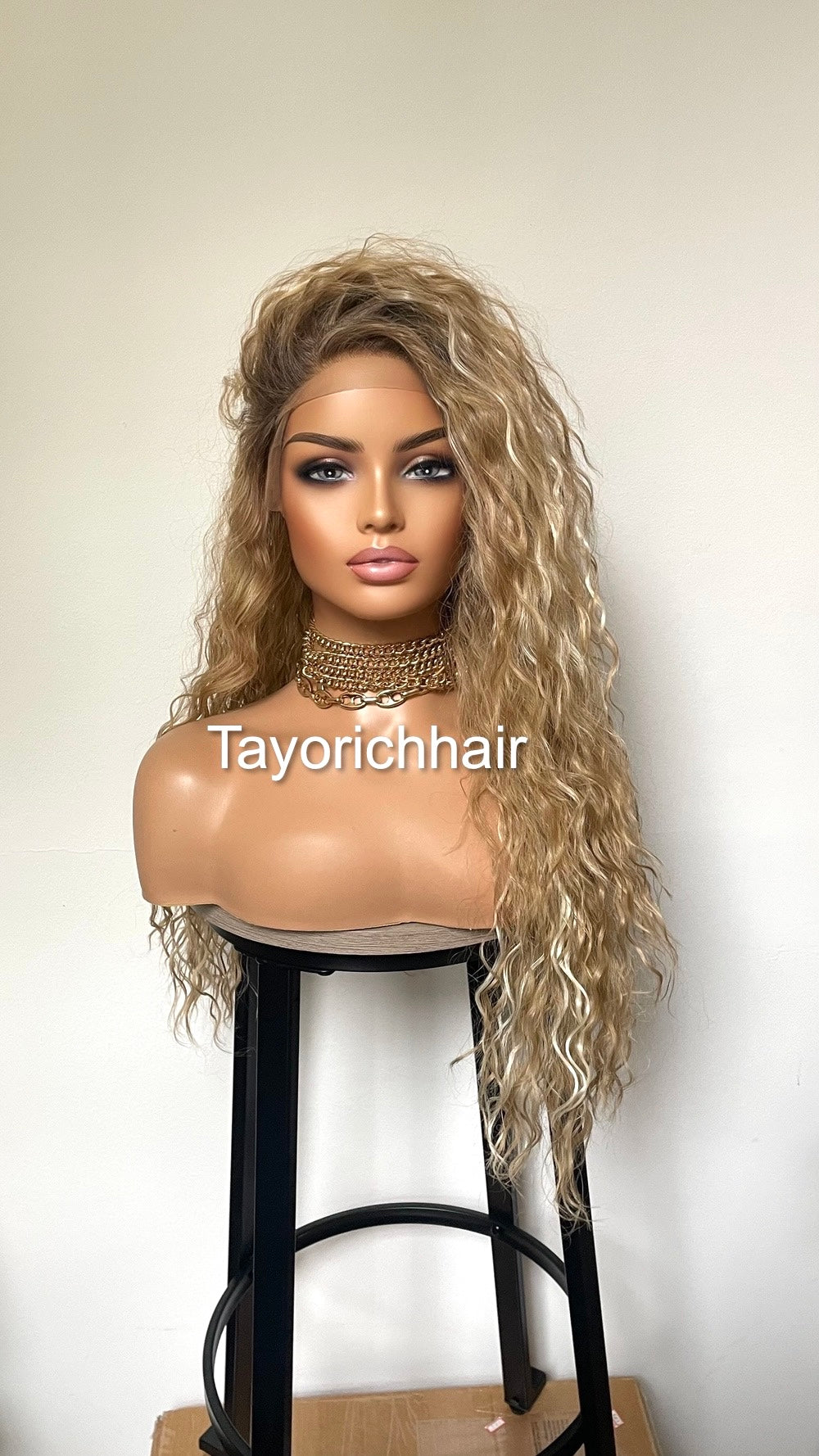 Curly Blonde Lace Front Wig With Streaks And Dark Roots/Light Weight Wig For Daily Wear/ Big Blonde Full Curly Synthetic Lace Wig/ Small Cap