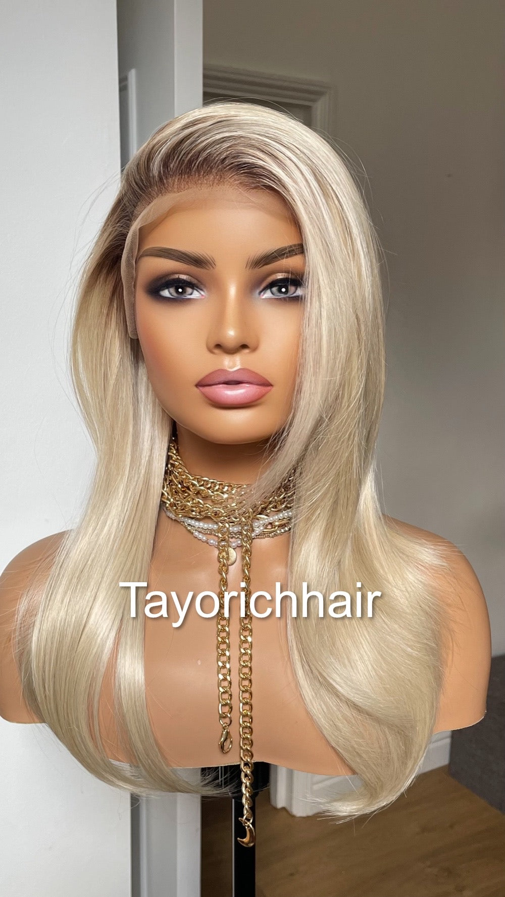 Sunkissed Light Blonde Lace Frontal Wig With Dark Roots/18 Inches Rooted Blonde Wig By Tayorichhair/Straight Blonde Wig With 13 By 4 Lace