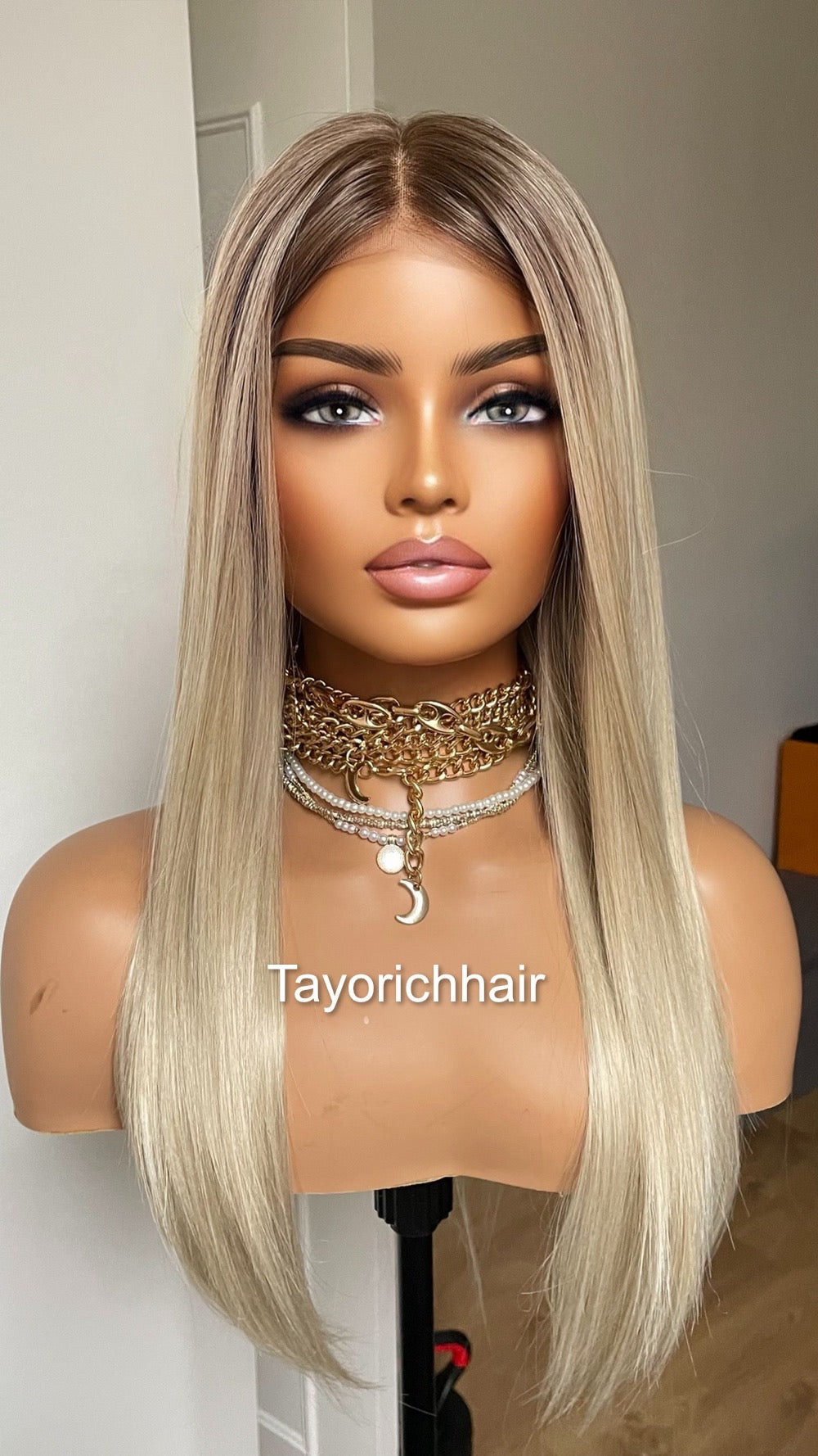 Sun Kissed Blonde Synthetic Lace Frontal Wig With Dark Roots/ 18 inches Straight Blonde Wig With 13x6 Wide Swiss Lace/ Heat Friendly Wigs