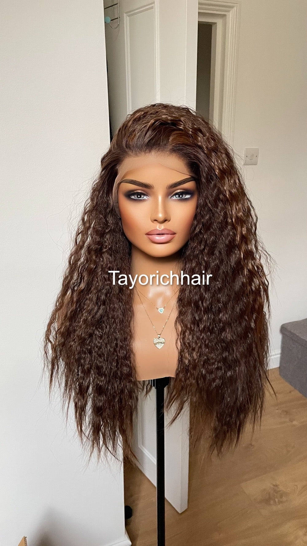 Dark Brown Curly Hair Wig With Highlights/ Loose Exotic Curls Big Hair Synthetic Wig/ Brunette Wigs For Women/ Free Part Lace Wig