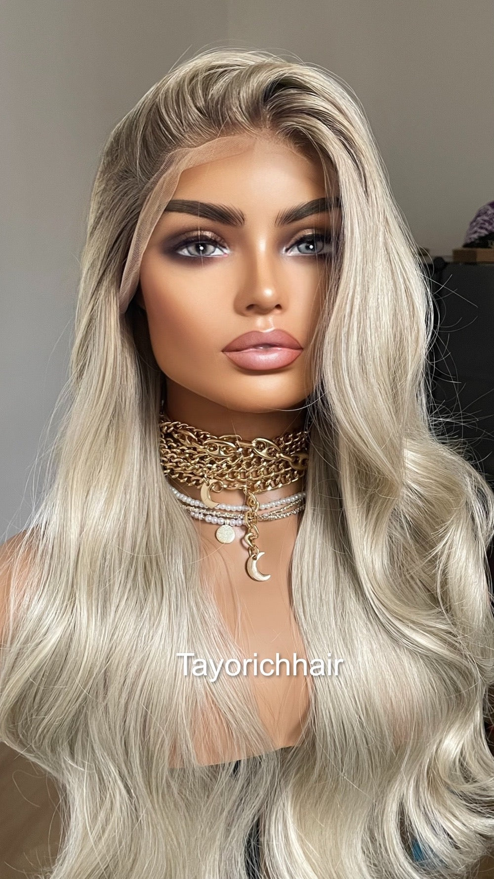Platinum Blonde Lace Frontal Wig With Dark Ash Roots/Rooted Blonde Heat Friendly Synthetic Wig/ Blonde Bouncy Wavy Wig By Tayorichhair