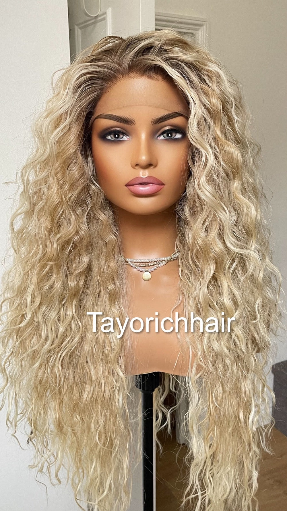 Mixed Blonde Curly Synthetic Lace Frontal Wig With Dark Roots/Lightweight Wig/Small Cap Size Long Curly Hair Wigs For Women By Tayorichhair