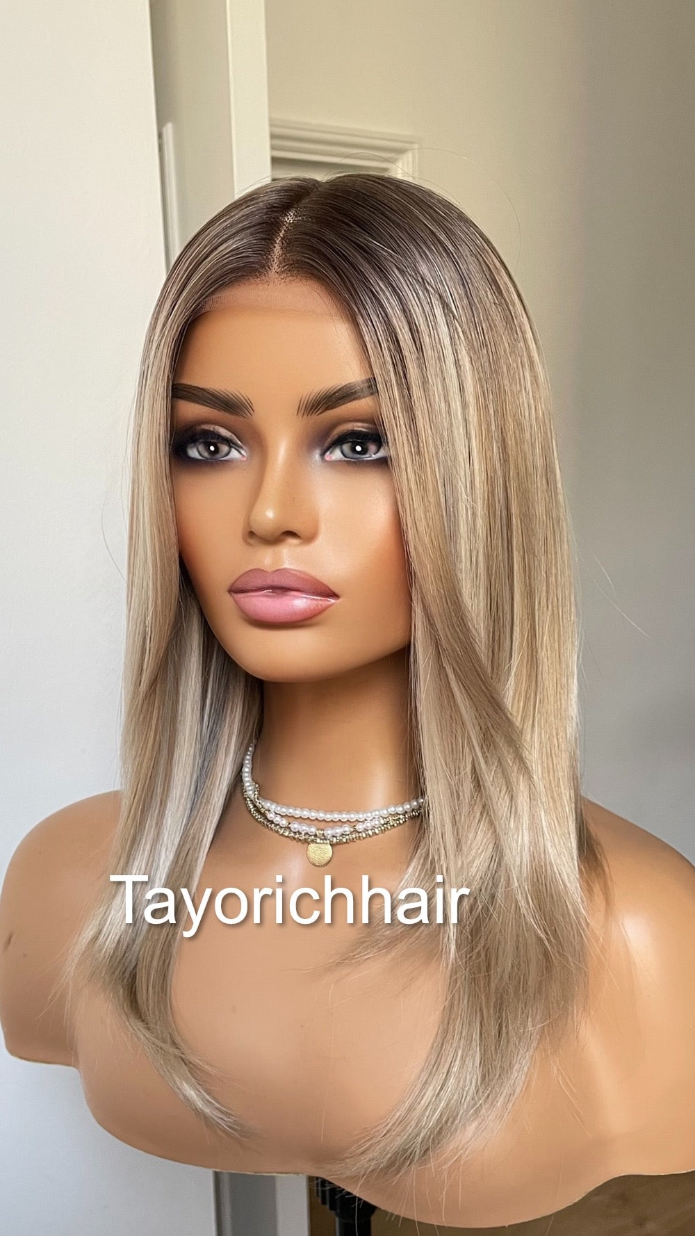 Mixed Blonde Short Hair Wig With Dark Roots/ 12 Inches Mixed Blonde Lace Frontal Wig With Middle Part/ 13 By 6 Wide Lace wig By Tayorichhair