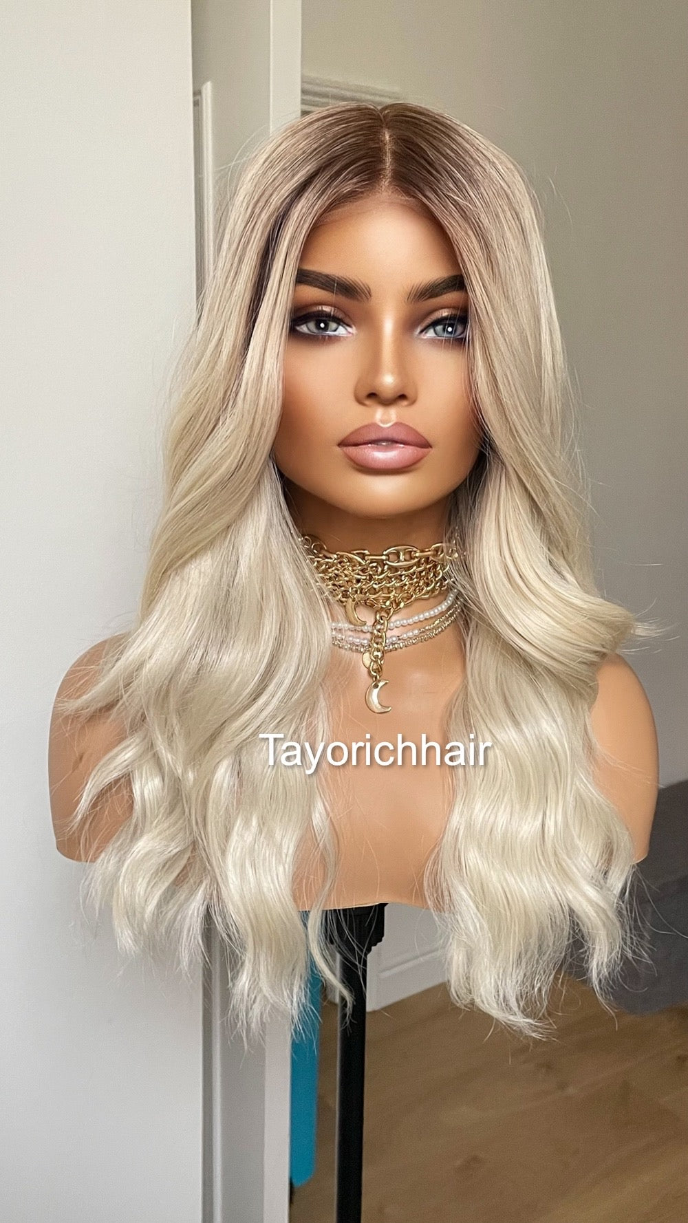 Platinum Blonde Lace Frontal Wig: 16" Loose Waves with Dark Roots