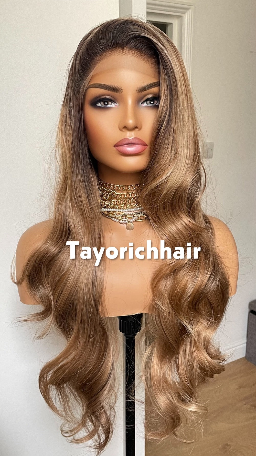Caroline; Caramel Brown Lace Frontal Wig With Dark Roots & Lowlights