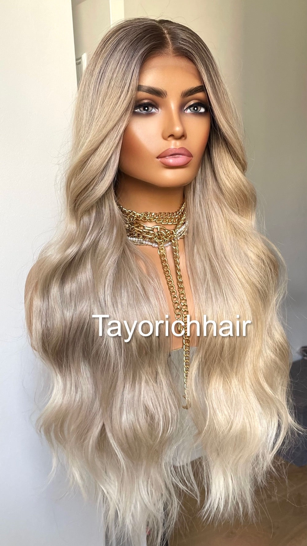 Rooted Pearl Blonde Heat Friendly Synthetic Lace Frontal Wig With 13 By 6 Wide Lace/ Loose Wavy Blonde Hair Wig Fror Women/Tayorichhair Wigs