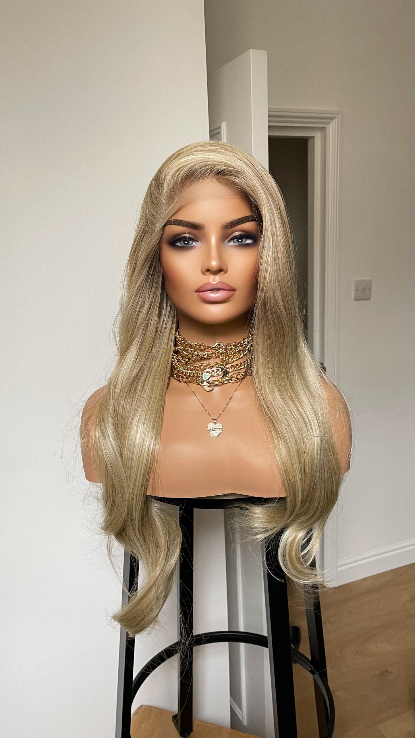 Slight Wavy Blonde Lace Front Wig With Streaks/Long Bouncy Ashy Olive Heat Safe Synthetic Wig 13x3 Lace Front Wig For Women