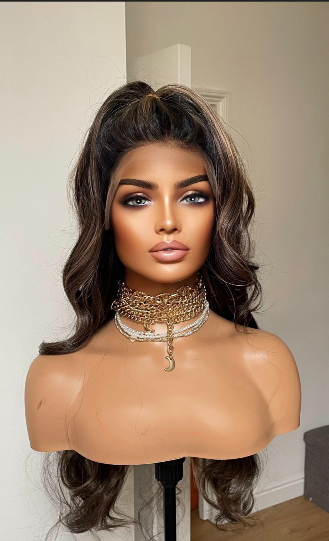 Darkest Brown Wavy Lace Wig: Black Roots, Heat Resistant Synthetic Hair.