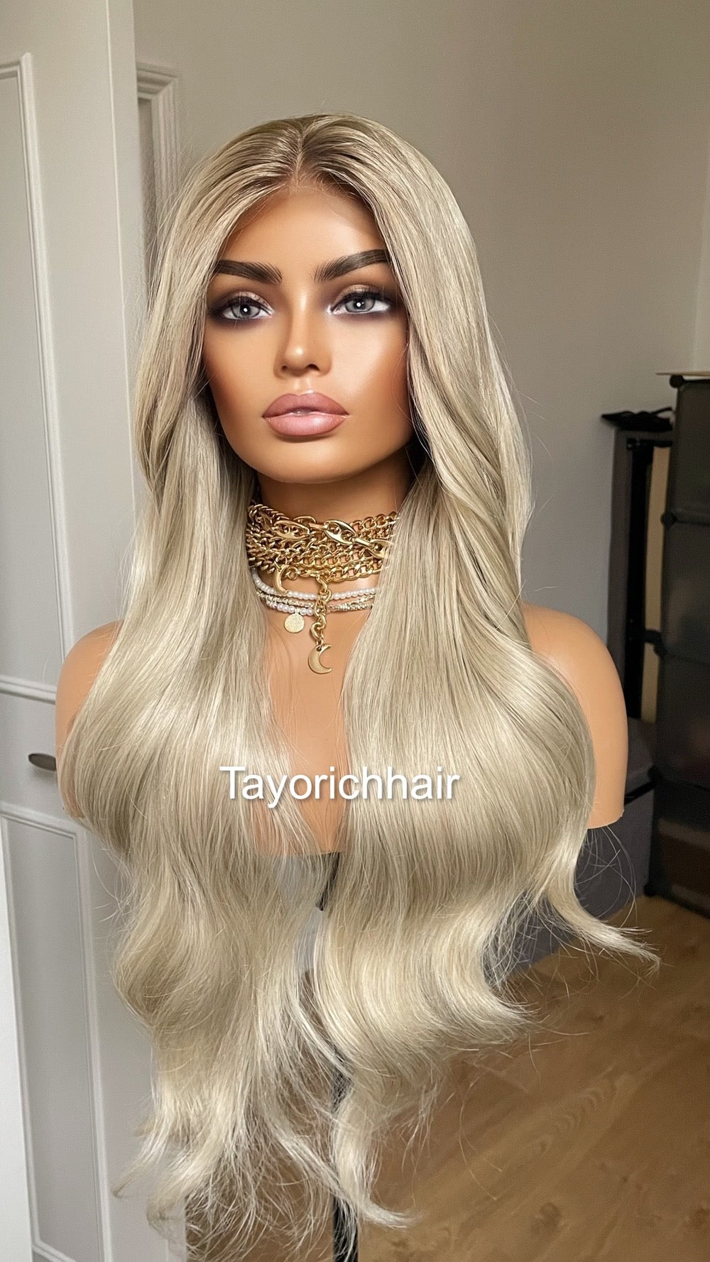 Platinum Blonde Lace Frontal Wig With Dark Ash Roots/Rooted Blonde Heat Friendly Synthetic Wig/ Blonde Bouncy Wavy Wig By Tayorichhair