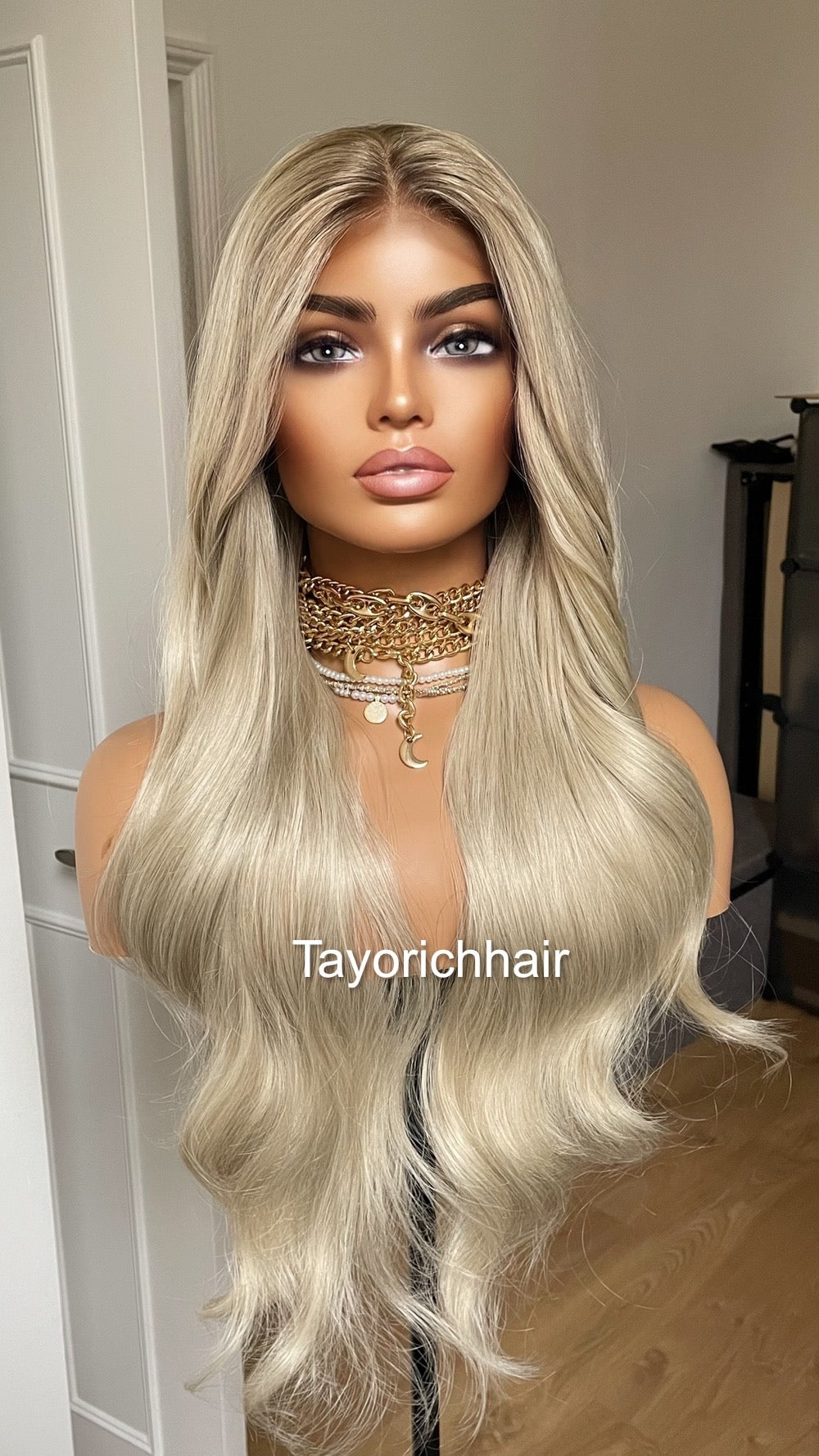 Platinum Blonde Lace Frontal Wig With Dark Ash Roots/Rooted Blonde Heat Friendly Synthetic Wig/ Blonde Bouncy Wavy Wig By Tayorichhair