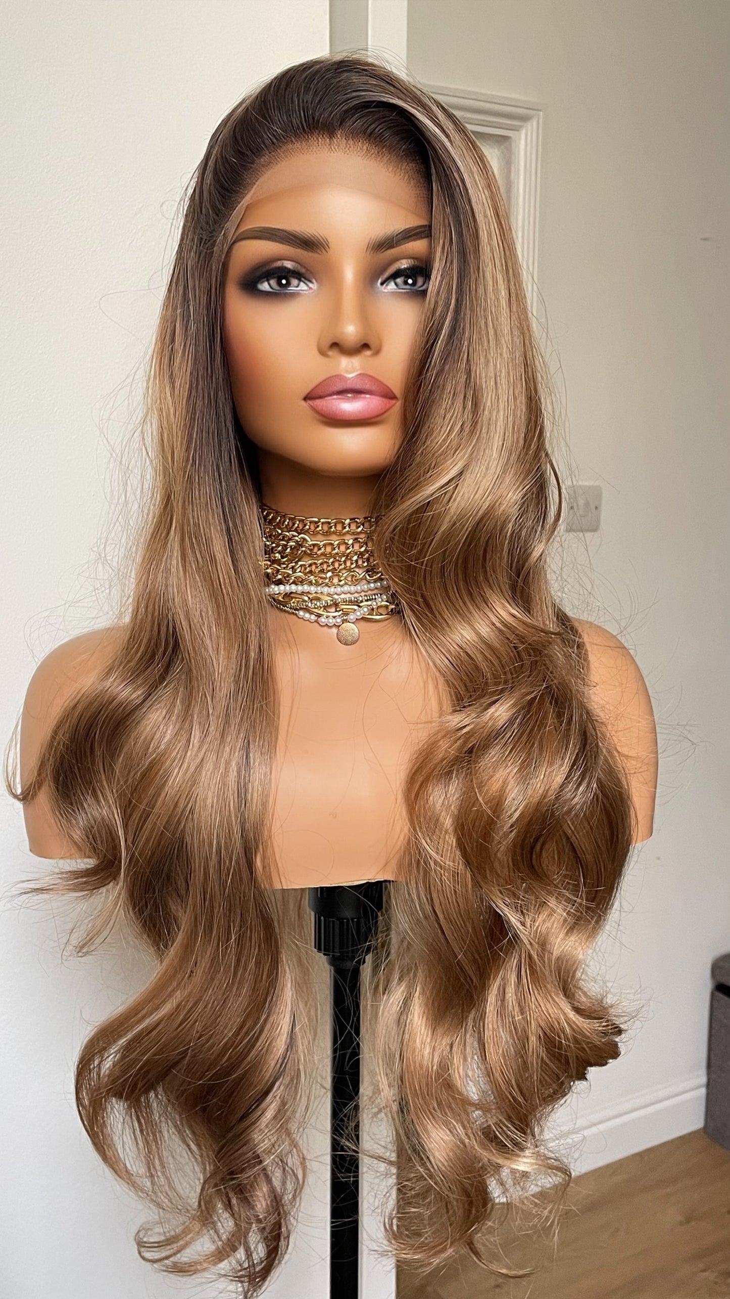 Caroline; Caramel Brown Lace Frontal Wig With Dark Roots & Lowlights