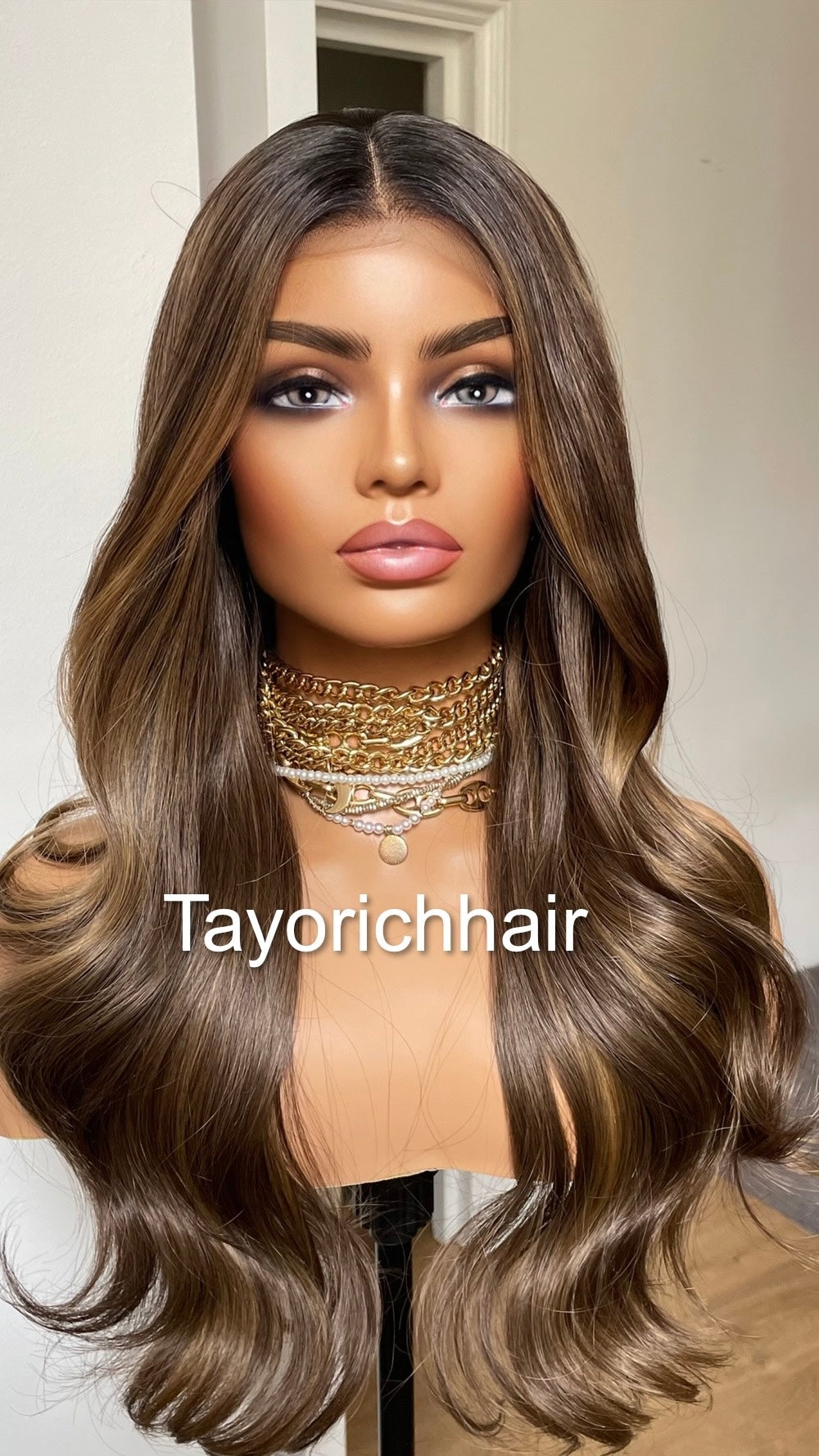 Darkest Brown Handtied Lace Top Wig With Dark Blonde Highlights And Black Roots-Wavy Hair In 20 Inches-Heat Friendly Wigs For Women