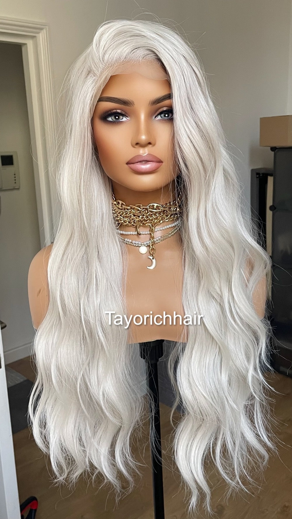 Platinum Blonde Lace Frontal Wig With 13 By 6 Lace/Ash White Heat Safe Synthetic Wigs For Women/Long Wavy Hair Blonde Wig By Tayorichhair