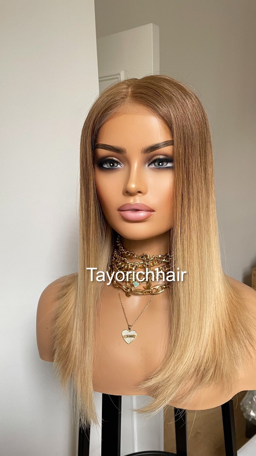 Ombre Warm Blonde Lace Top Human Hair Wig•Europe Hair Wig•16 InchesLuxury Real Hair Wig•Cuticles Aligned Hair With Tiny Knots Straight Hair