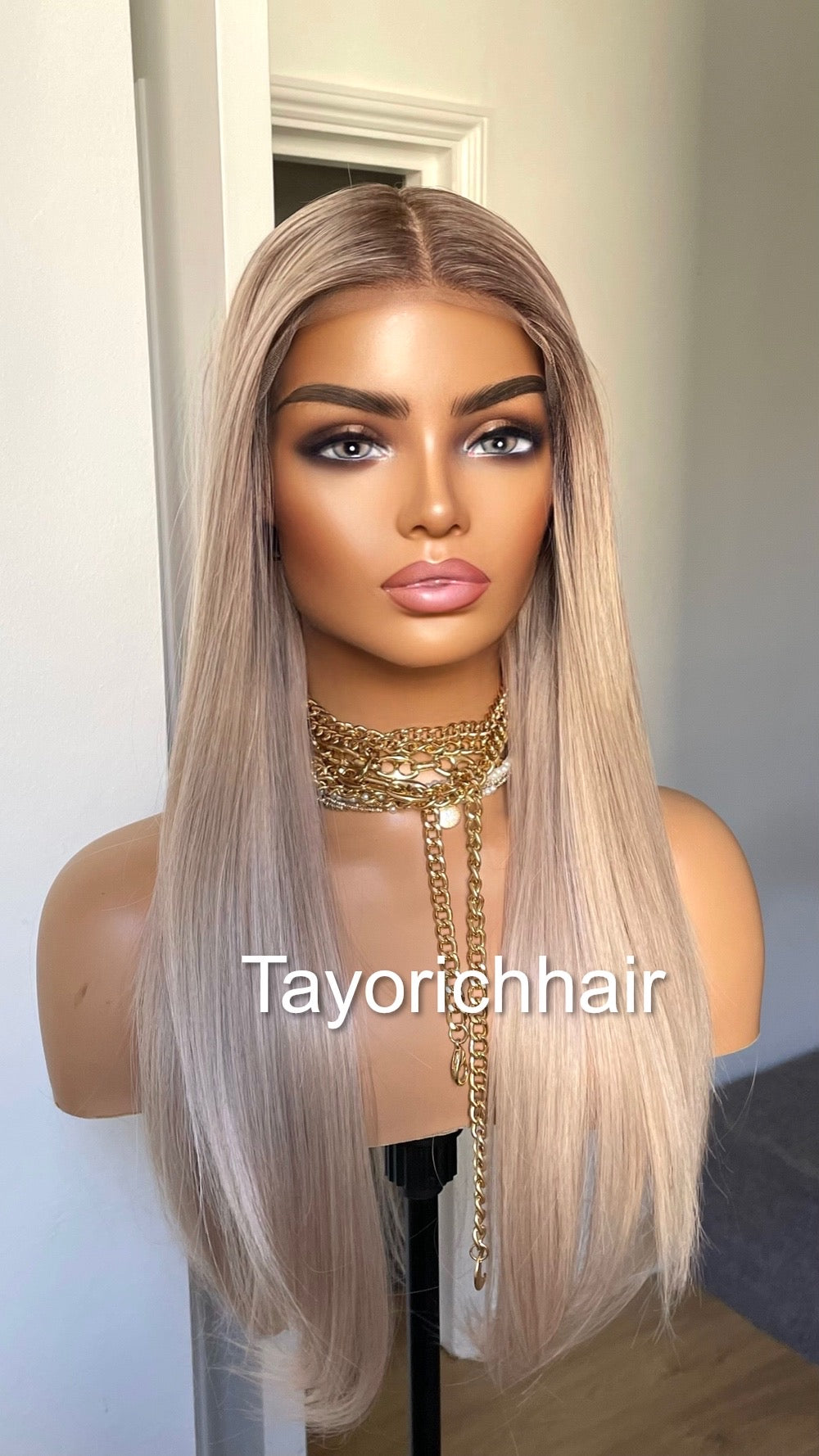 Pearl Blonde Straight Hair Lace Frontal Wig With Dark Roots/ 13 By 6 Lace Wig For Women/ 20 Inches Straight Wig By Tayorichhair