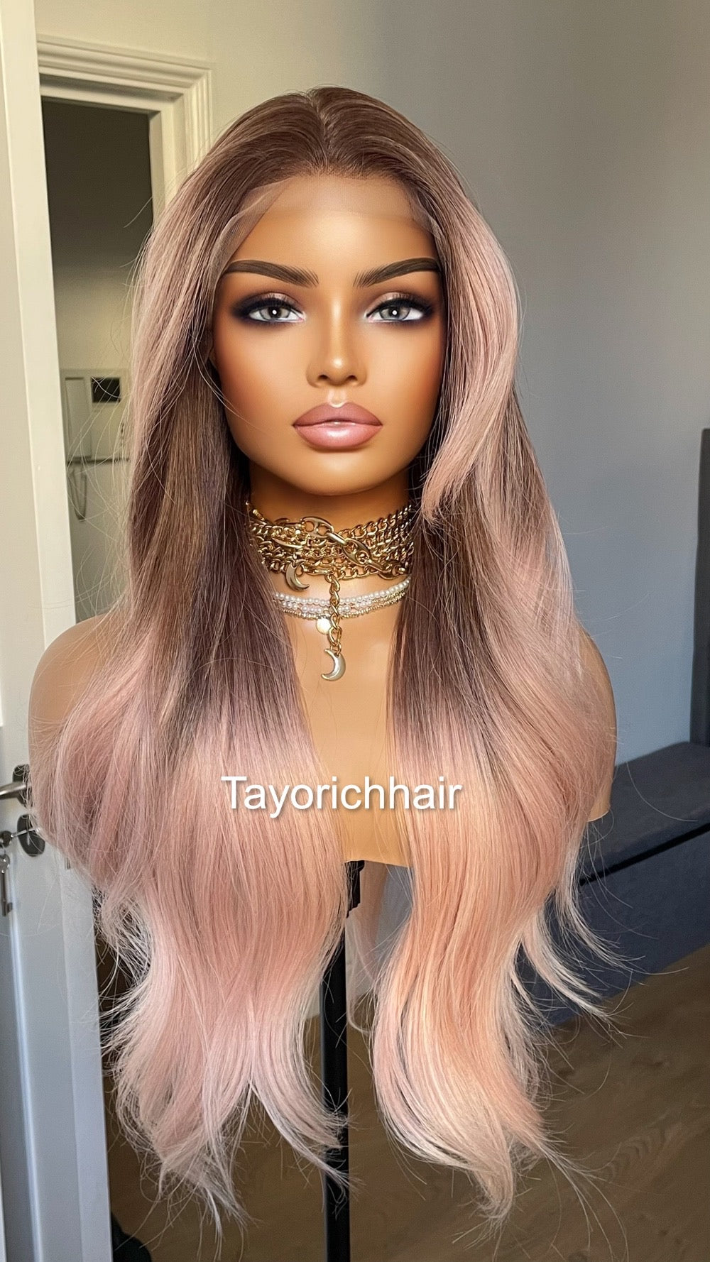 Ombre Baby Pink Lace Frontal Wig With Dark Brown Roots/ 13 by 6 Wide Lace Frontal/Pink Synthetic Wig/ Pink Wavy Hair wig By Tayorichhair