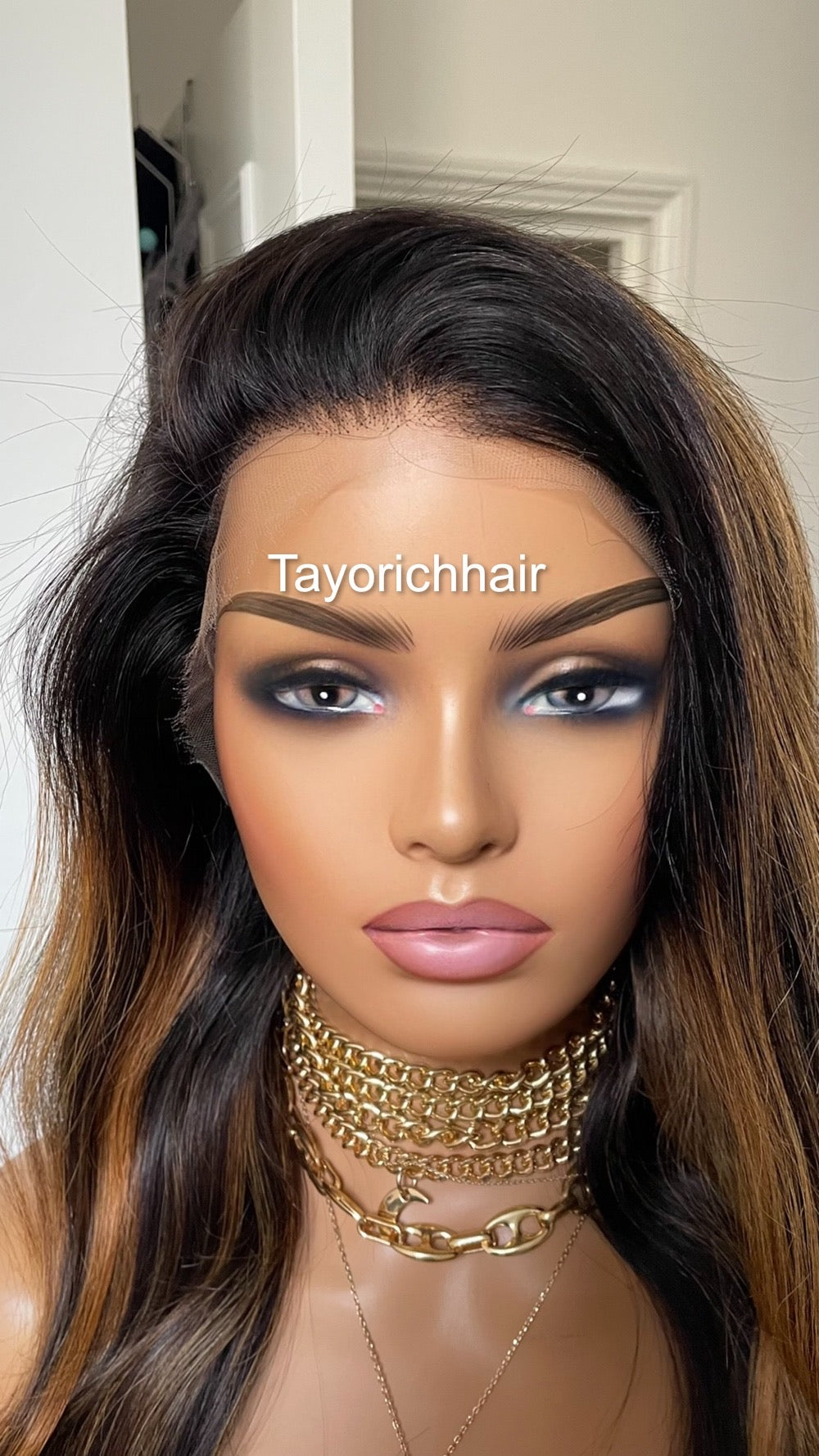 Ombre Black Real Human Hair With Warm Golden Blonde Highlights/ 24 inches Human Hair Lace Wig
