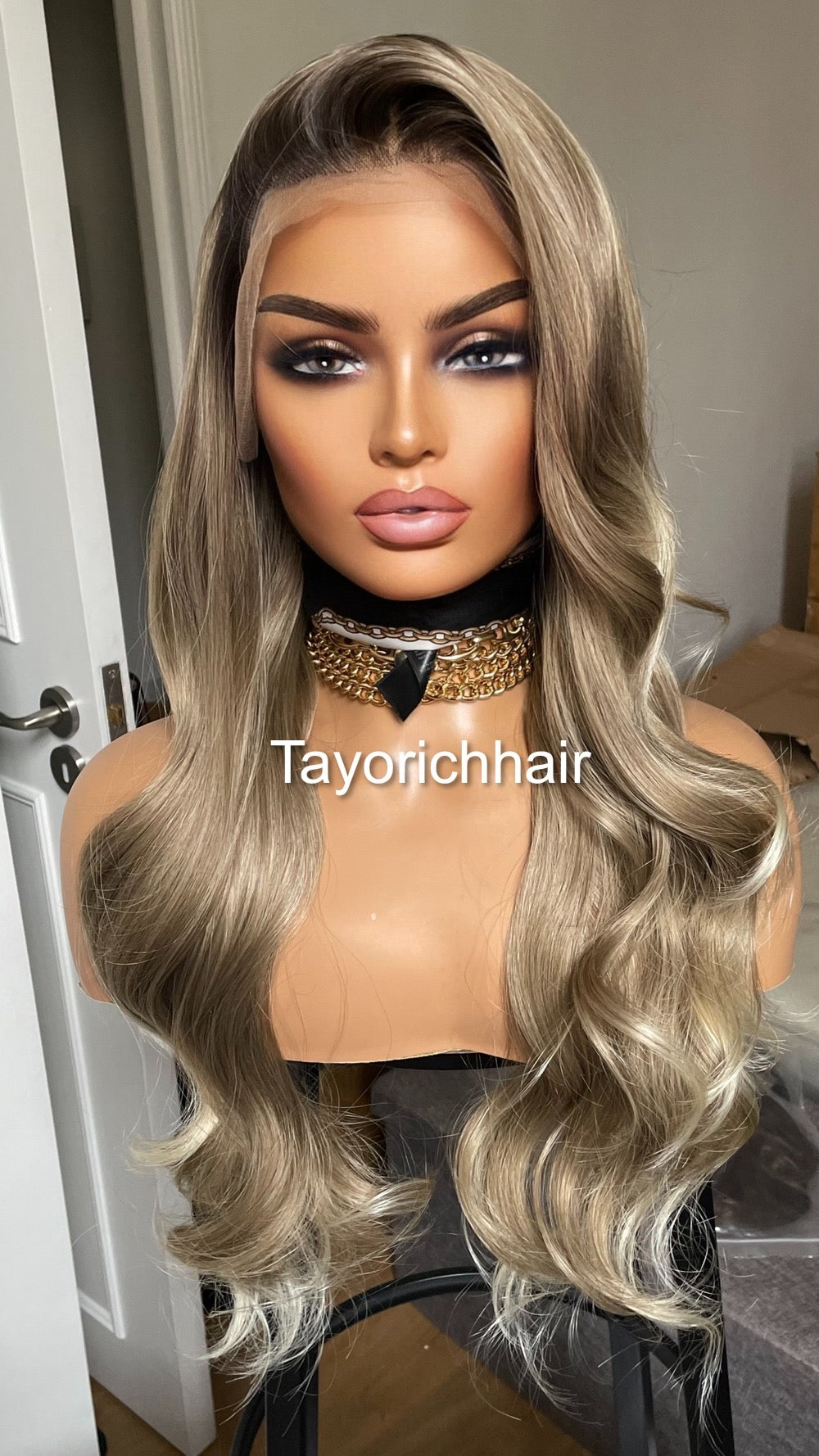 Dark Ash Blonde Synthetic Wig With Dark Roots