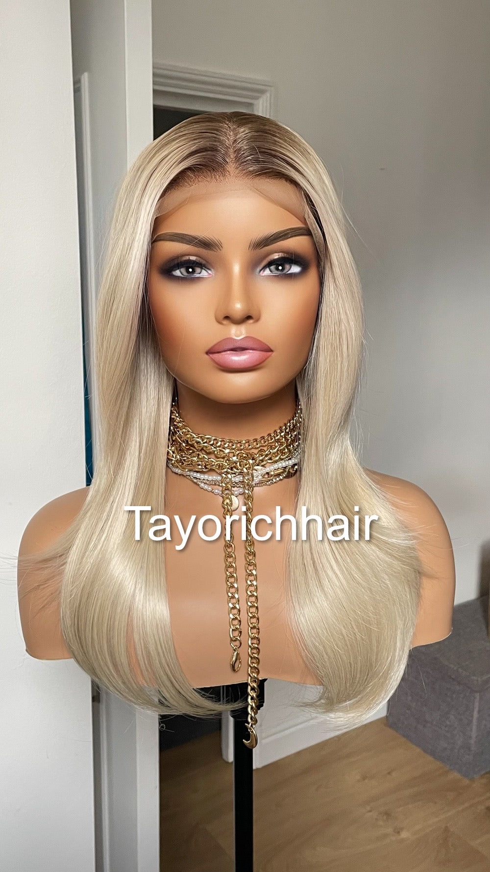Sunkissed Light Blonde Lace Frontal Wig With Dark Roots/18 Inches Rooted Blonde Wig By Tayorichhair/Straight Blonde Wig With 13 By 4 Lace