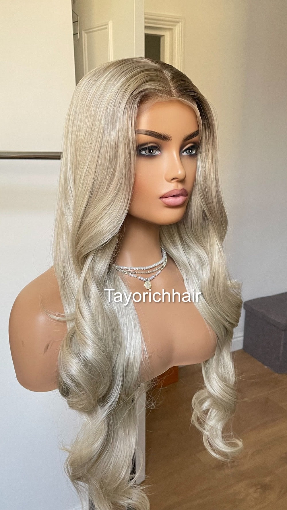 Ash Platinum Blonde Lace Front Wig With Dark Roots/ 13x4 Lace Front/ Heat Safe Sythetic Lush Wavy Lace Wig For Women/ Averrage Medium Cap Size
