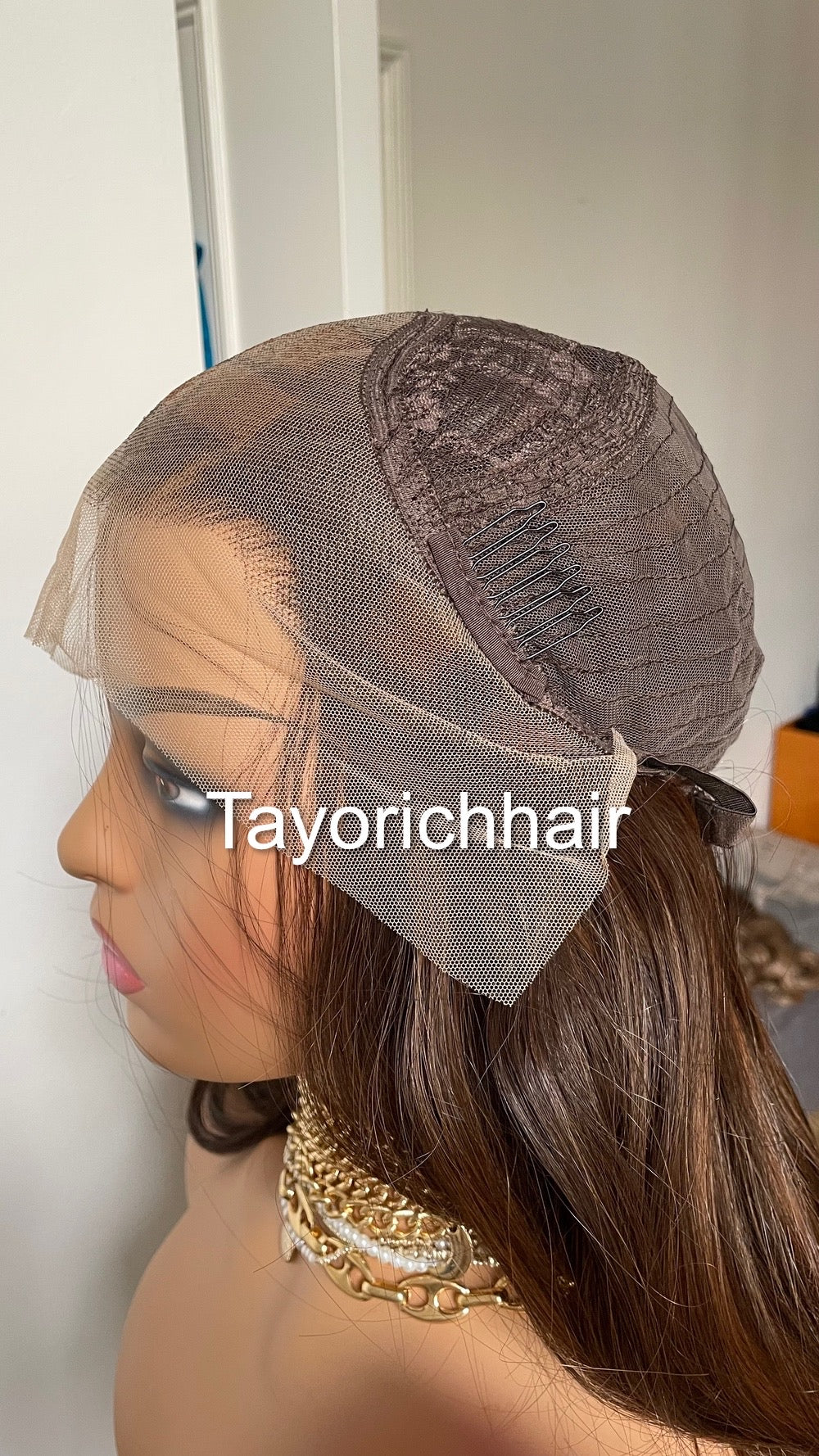 Dark Brown Bouncy Wavy Lace Frontal Wig With Light Brown Highlights-Free Part Heat Friendly Wigs For Women-Tayorichhair Wigs