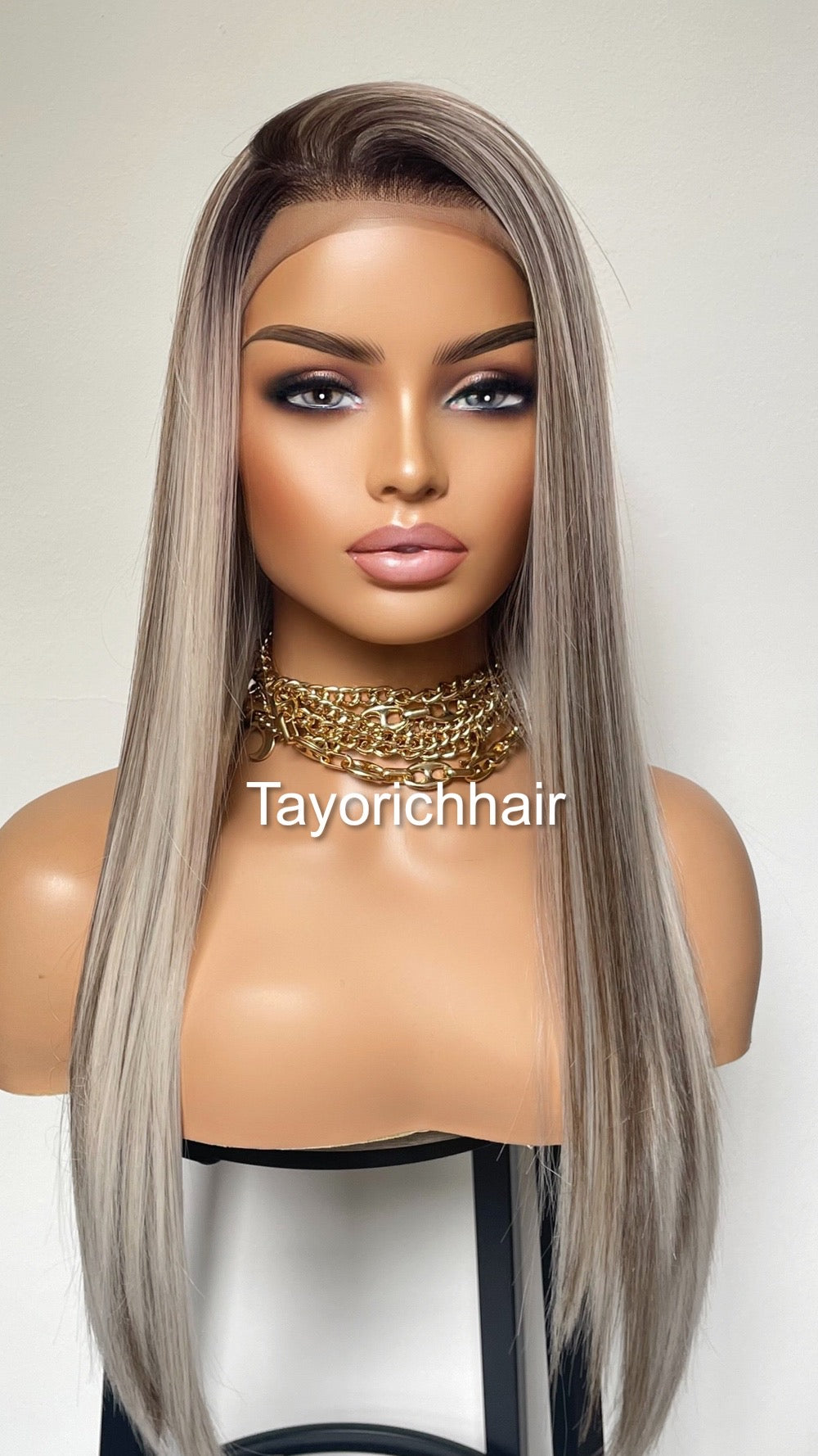 Balayage Ombré Lace Front Wig/ 13x3 Lace Front/ Ash White With Dark Brown Mixed/ Long Straigh Heat Safe Synthetic Wig/ Medium Large Cap Size