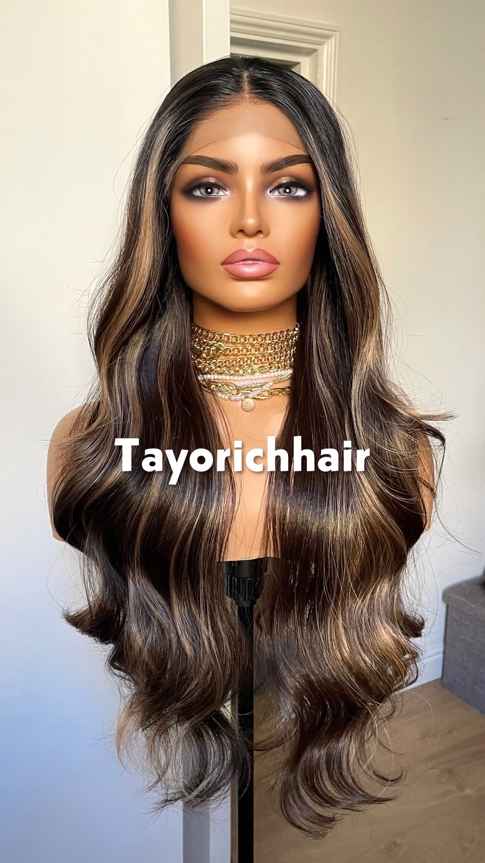 Money Piece Highlights: Dark Brown Wig With Dark Roots, 13by3 Lace Frontal